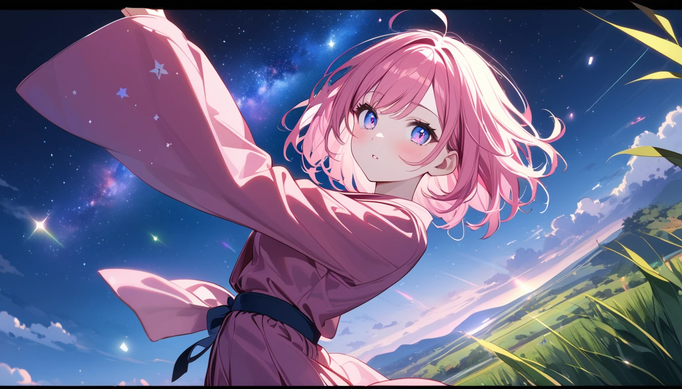 (1 girl), (Best Picture Quality, 8K, Masterpiece:1.3), (high school student:1.5), ((pink lob hair:1.1)), (bob cut), (swept bangs), (cute eyes, pupil black, iris skyblue, youthful face), (mole under right eye), (standard weight), (small breasts), (glistening skin:1.1), (pale skin:1.2), ((yukata decorated with stars and galaxies)), ((magical glow of light enveloping the yukata)), (standing by a riverbank under a starlit sky with the Milky Way visible), (bamboo trees with colorful tanzaku swaying in the breeze), (Fluorescent:1.3), (picturesque landscape with rolling hills, quaint village, and floating islands in the sky), (ethereal mist and shimmering lights), ((magnificent view)),(Sparkling magic effect:1.5)