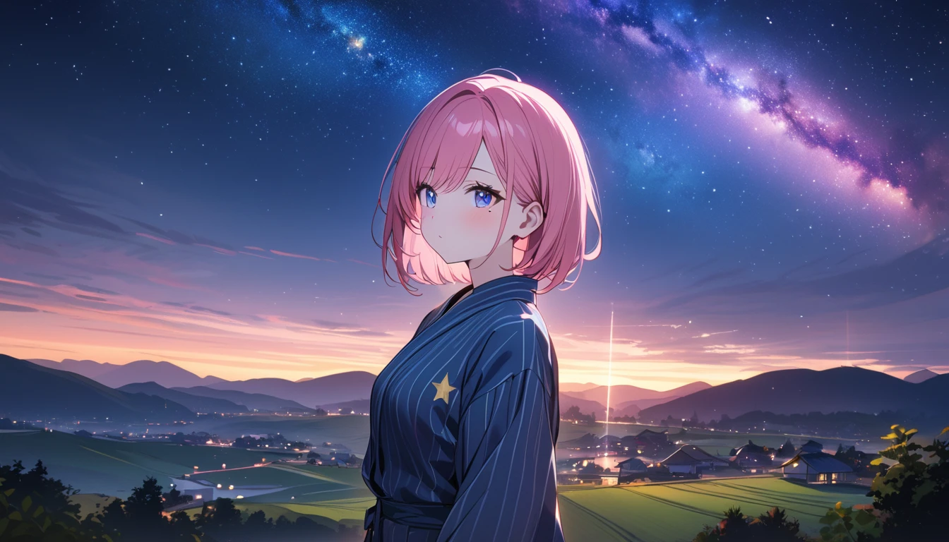 (1 girl), (Best Picture Quality, 8K, Masterpiece:1.3), (high school student:1.5), ((pink lob hair:1.1)), (bob cut), (swept bangs), (cute eyes, pupil black, iris skyblue, youthful face), (mole under right eye), (standard weight), (small breasts), (glistening skin:1.1), (pale skin:1.2), ((yukata decorated with stars and galaxies)), ((magical glow of light enveloping the yukata)), (standing by a riverbank under a starlit sky with the Milky Way visible), (bamboo trees with colorful tanzaku swaying in the breeze), (Fluorescent:1.3), (picturesque landscape with rolling hills, quaint village, and floating islands in the sky), (ethereal mist and shimmering lights), ((magnificent view)),(Sparkling magic effect:1.5)