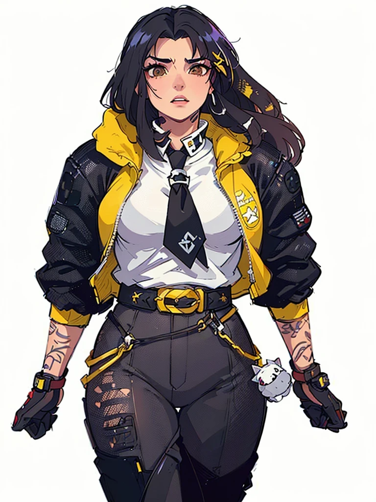 a close-up of a woman in a yellow jacket and black tie, She has gloves and earrings in the shape of hoops and her body is complemented with tattoos and on her right leg she has a kind of stuffed animal in the shape of a small cat as a keychain, faye san valentin, kate obispo, Judy Alvarez Cyberpunk, wearing cyberpunk jacket 2 0 7 7, Portrait of Tifa Lockhart, faye san valentin from cowboy bebop, Loba Andrade de Apex Legends, Brigitte de Overwatch, Portrait of Tifa Lockhart, jet black haired cyberpunk girl, cyberpunk femme fatale