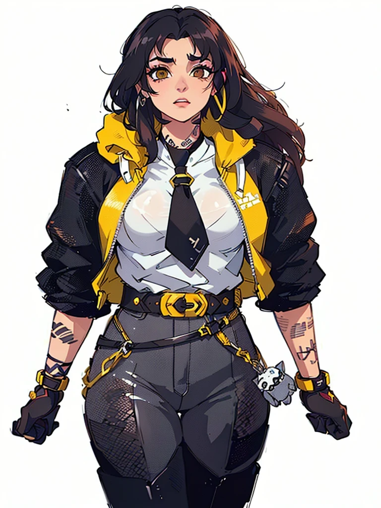 a close-up of a woman in a yellow jacket and black tie, She has gloves and earrings in the shape of hoops and her body is complemented with tattoos and on her right leg she has a kind of stuffed animal in the shape of a small cat as a keychain, faye san valentin, kate obispo, Judy Alvarez Cyberpunk, wearing cyberpunk jacket 2 0 7 7, Portrait of Tifa Lockhart, faye san valentin from cowboy bebop, Loba Andrade de Apex Legends, Brigitte de Overwatch, Portrait of Tifa Lockhart, jet black haired cyberpunk girl, cyberpunk femme fatale