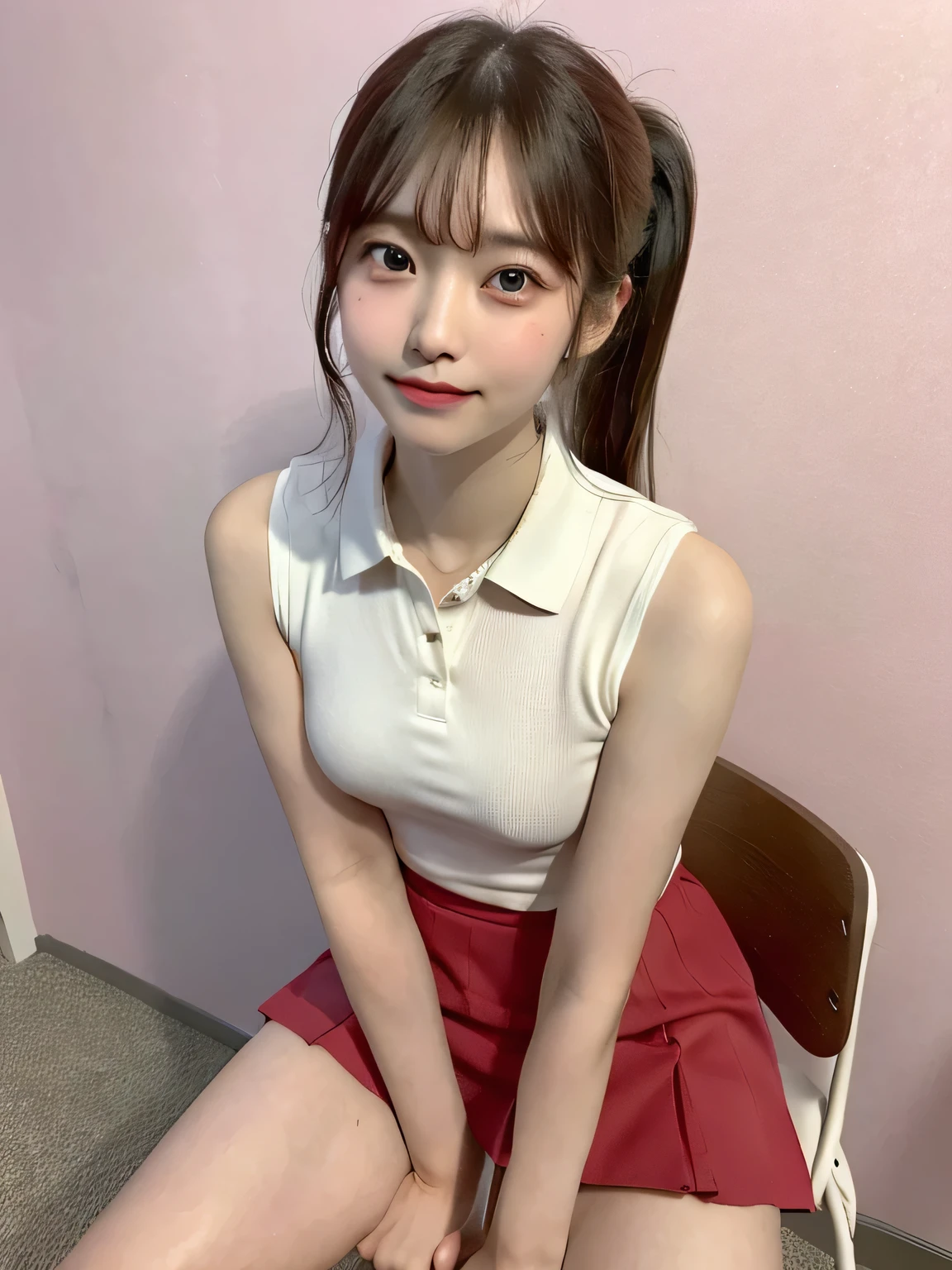 One person、11 years old、Full body photo,slender、woman、White drool coming out of the mouth、smile、、Short Ponytail、 Fair skin, messy hair, super cute、Soft and Face、8K resolution、Surreal、Ultra high definition、 A-cup small breasts（（Highest resolution、8K、masterpiece：1.3））、Ultra-fine face、Ultra Fine Lips、Beautiful Eyes、double eyelid,Pink wall、A sleeveless, collared red polo shirt、Red Skirt、Thighs、thin,Thighsが見える、Shapely small breasts、sexy、So cute!,Sitting in a chair、Thighsが見える、