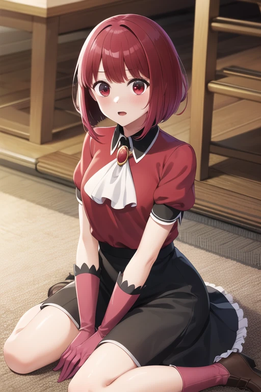 ((masterpiece, Best quality))), Coupling, solo, 1girl, ((red hair, black hair, multicolored hair)), short hair, white tights, Dressed, Maid costume, Sits, Foot to foot, sad, almost crying, no tears, no tears, does not know what to do with his life,