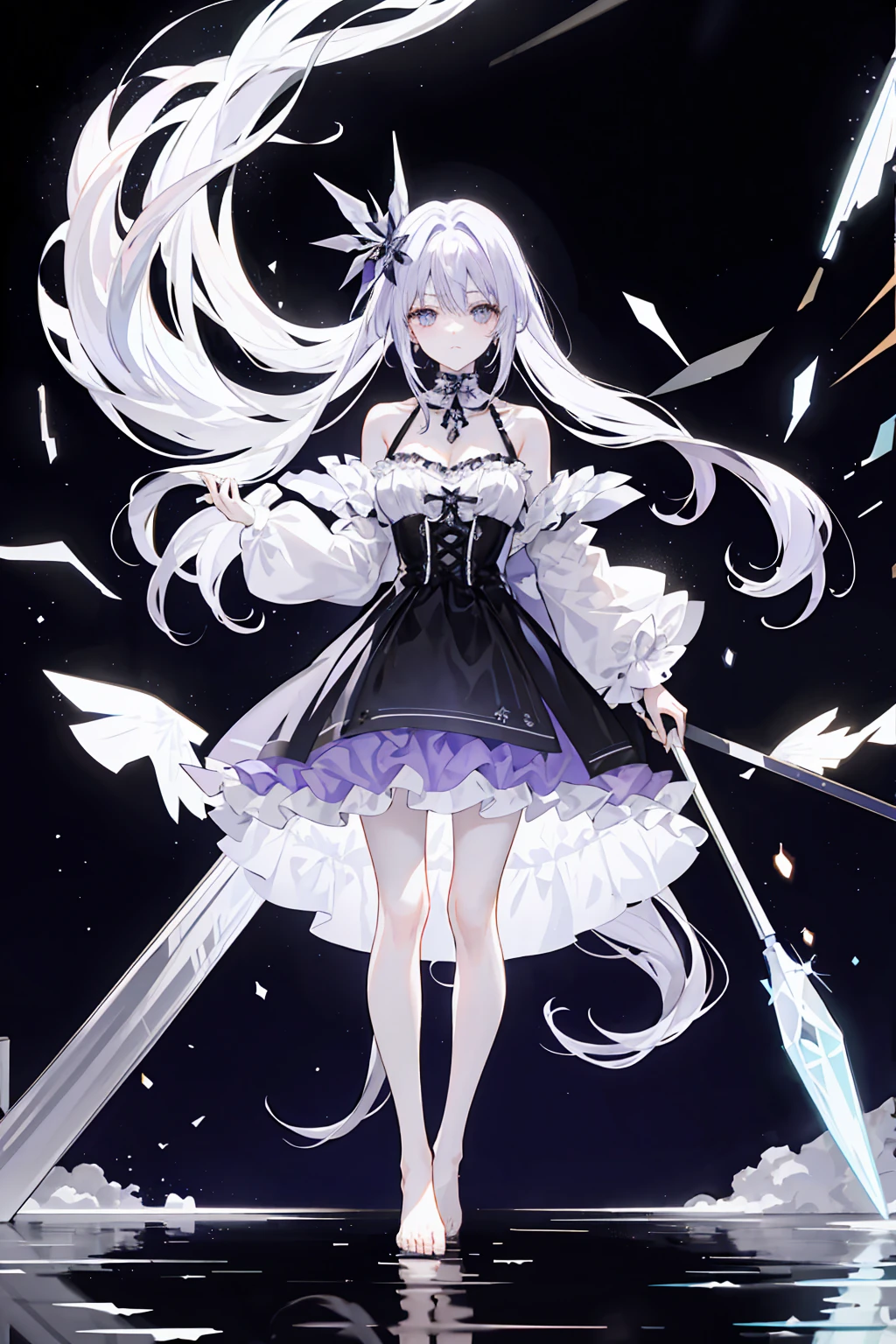 Light purple gradient hair,Asymmetrical hair,((Thick hair 1.8,Clear head outline 1.6)), Shoulder-length hair, Messy hair, Very long hair, Shiny hair,(Long gray hair:1.2),A beautiful girl,(Luxury Platinum Mini Lolita,Made of transparent material),(Transparent clothes transparent 1.8),Perfect body,High,Slender,(Looks sad,Looks haggard、Looks haggard、Pale nipples ,Grief,shut your mouth:1.2) Against the background of an unusually bright dark starry sky,stand up(Put your hands behind you),(round, Large target, Firm breasts),barefoot,float,water surface,(Long Law,Long Law,Long Law,Complete),Full body image