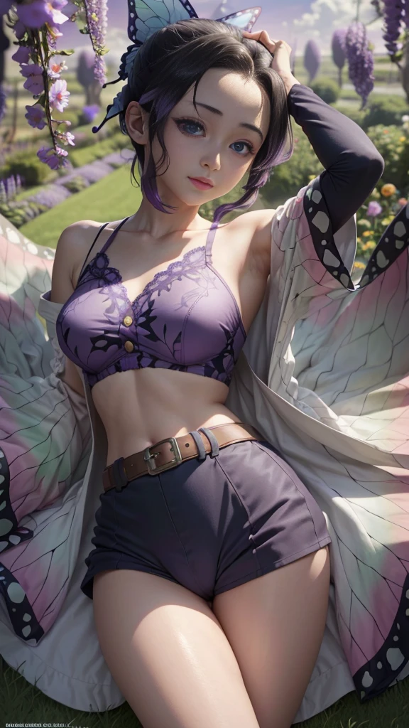 Beautiful eyes、Ultra realistic 8K CG、masterpiece、((hyper detailed background、delicate patterns、intricate detailes))、kocho shinobu, top-quality、extra detailed face、extremely detailed eye and face、extremely detailed eye、No bangs、Hair intake、a purple eye、brow、crop top camisole、no pants、haori、butterflys、buttoning、arms behind head、(garden:1.2)、purple flowe、cloudy ash sky、sunlights、gradient_skyporn、faces、Gorgeous sky、Waist saber、、armpits, arms behind head, pussy, nsfw:1.5, spread legs, spread pussy