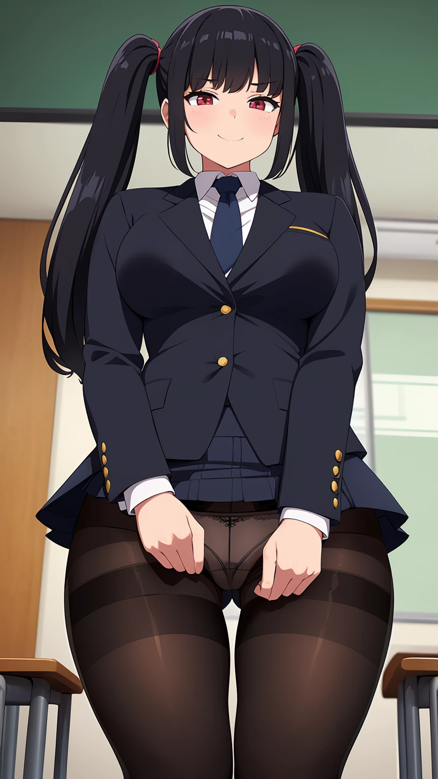 One Girl, Five Fingers, mini skirt, Looking down at the viewer, Twin tails, Highest quality, Focus on the thighs, Dynamic pose, smile, blazer, blouse, Black Pantyhose, panties under pantyhose, Standing Split, classroom, Black Hair, Stylish pose,My thighs and groin are steamy 