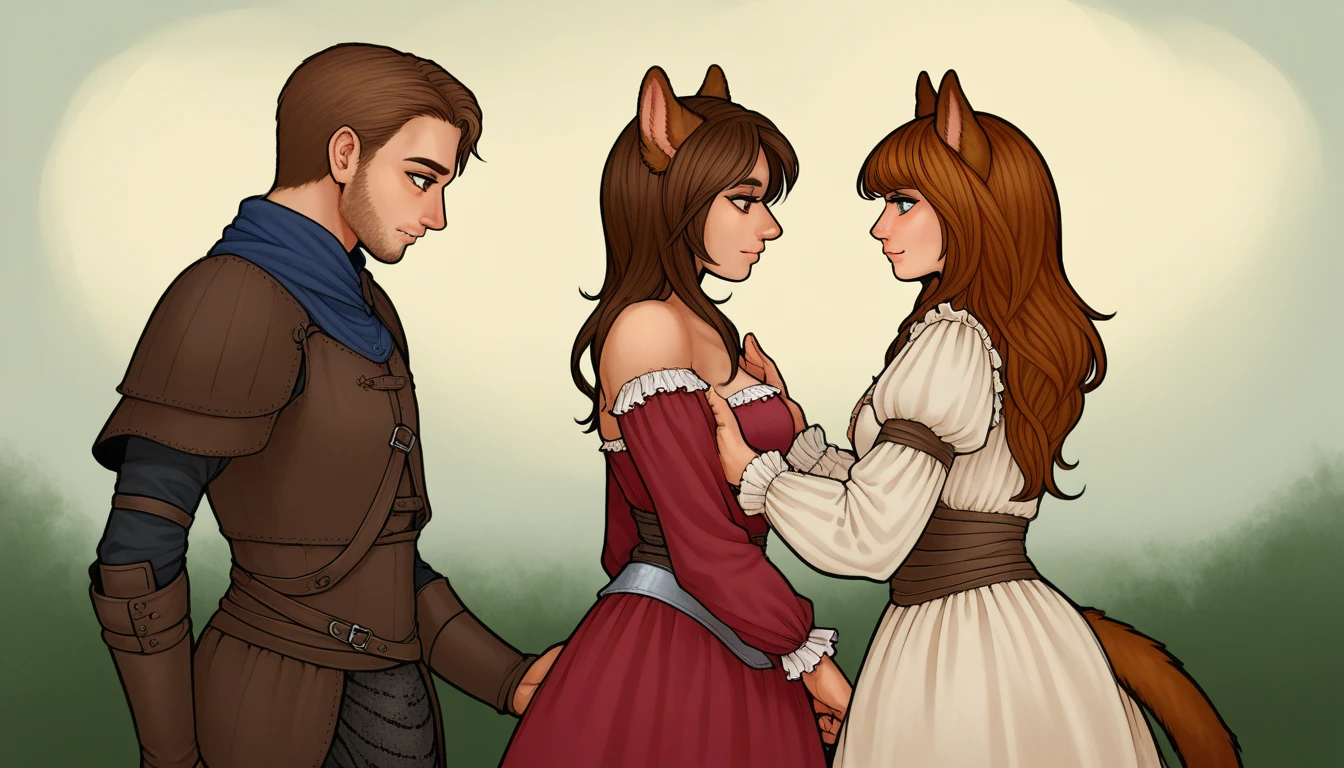 score_9, 2others, couple, sidebyside, side by side, side_by_side, backtoback,back to back, back_to_back,
((tabaxi:1.2), anthro, female, (standing, portrait, focus, side_view), ((brown fur, ears, tail)), (wearing medieval clothes), beautiful,
((human:1.2), male, (standing, portrait, focus, side_view), (wearing medieval clothes), beautiful