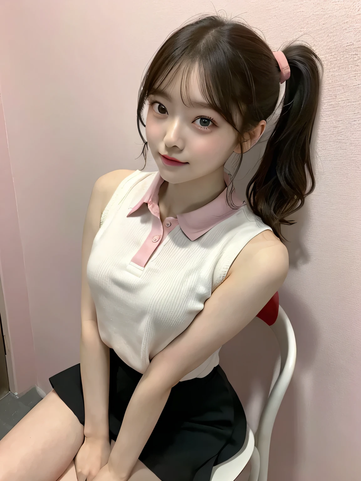 One person、11 years old、Full body photo,slender、woman、White drool coming out of the mouth、smile、、Short Ponytail、 Fair skin, messy hair, super cute、Soft and Face、8K resolution、Surreal、Ultra high definition、 A-cup small breasts((Highest resolution、8K、masterpiece:1.3))、Ultra-fine face、Ultra Fine Lips、Beautiful Eyes、double eyelid,Pink wall、A sleeveless, collared red polo shirt、Red Skirt、Thighs、thin,Thighsが見える、Shapely small breasts、sexy、So cute!,Sitting in a chair、Thighsが見える、