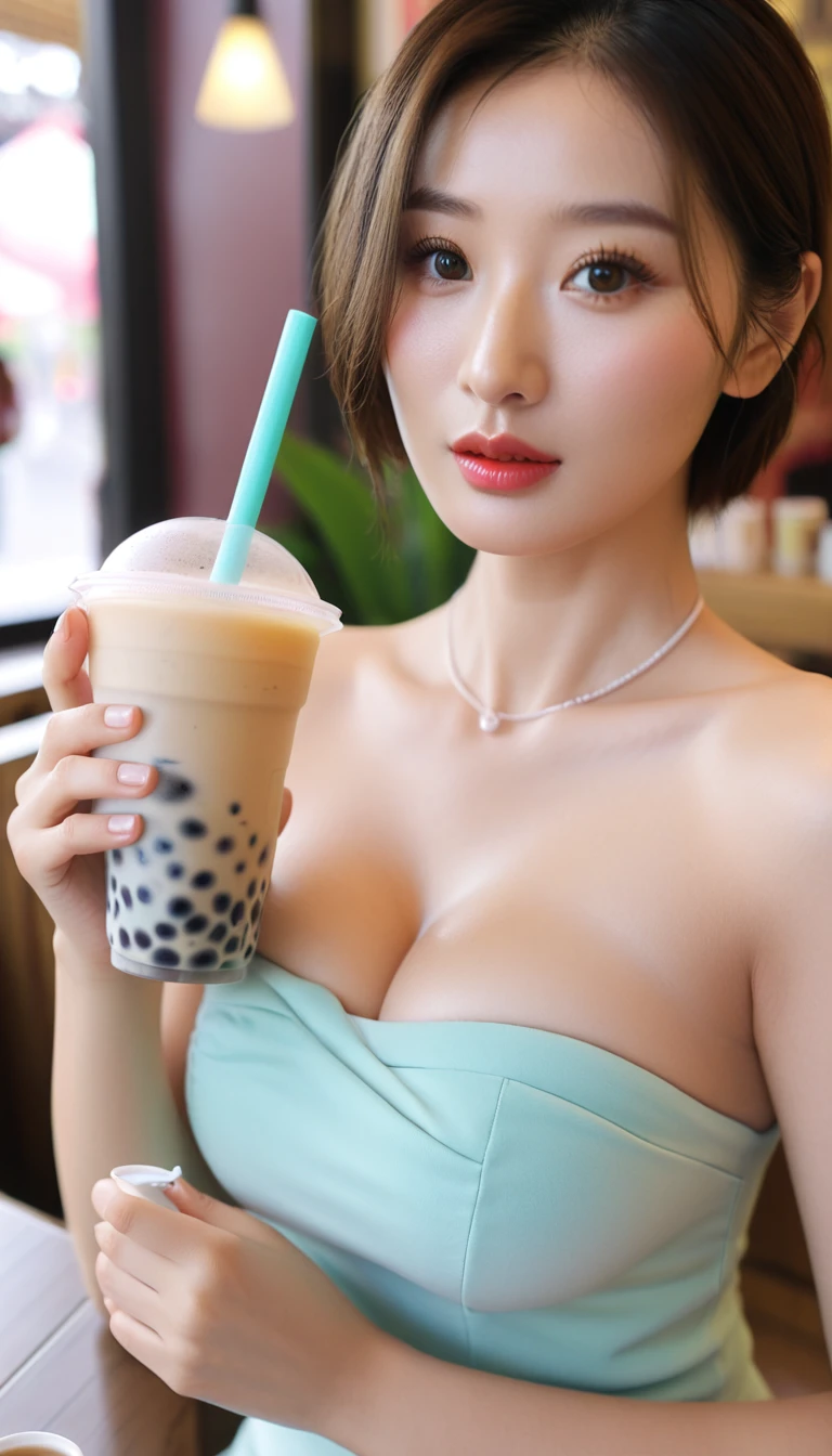 extreme close-up of beautiful korean female, 34 inch breasts size, wearing strapless, holding bubble tea, in tea shop, cinematic scene, UHD