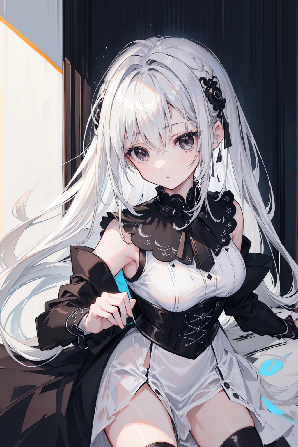 (Top image quality)、(Ultra Detailed)、(Facing forward)、top quality、masterpiece、((((1 girl))))、Silver Hair、white hair、((Long hair))、(black eyes:1.6)