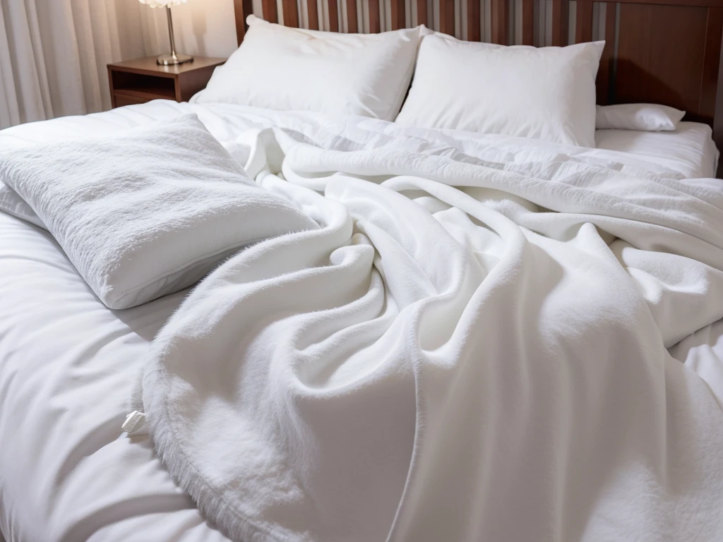 A white blanket is visible on the bed. The blanket feels very fluffy. It is a blanket that looks thick because it contains rich fur.