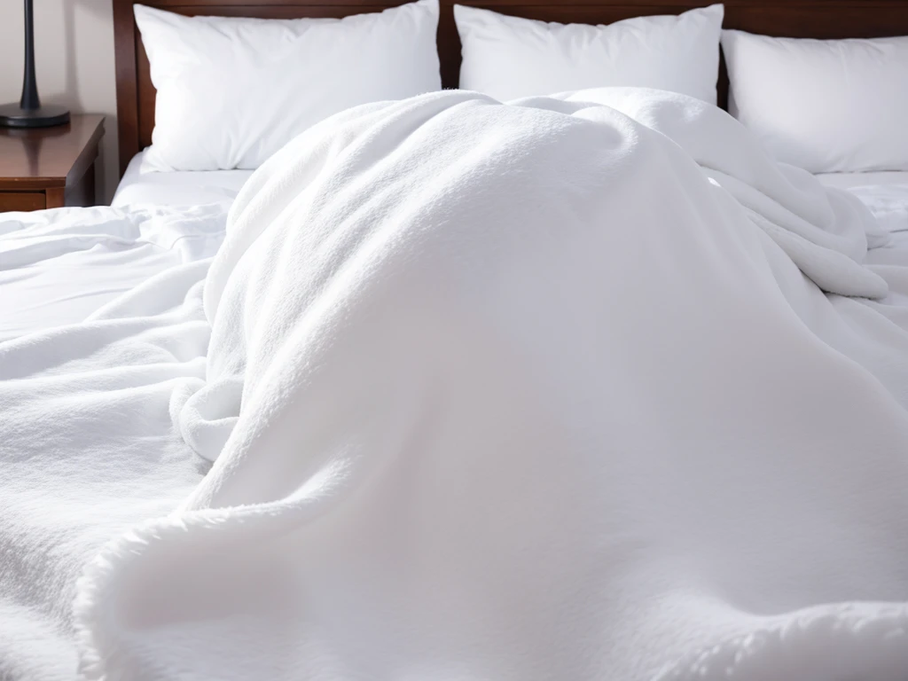 A white blanket is visible on the bed. The blanket feels very fluffy. It is a blanket that looks thick because it contains rich fur.