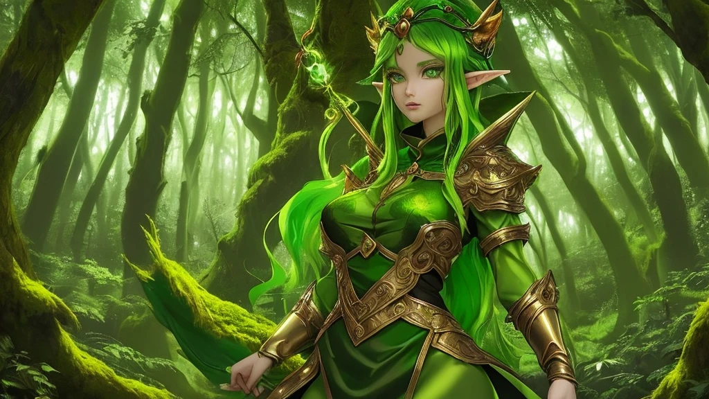 Elf Woman, green hair, 26 years old, Amber eyes, Dressed in a tree and moss outfit., simple staff, Forest Settings, Radiates immense magical power