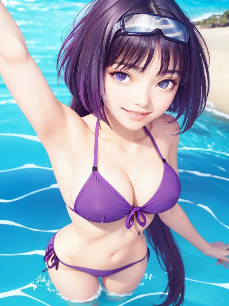 A beautiful girl, high quality, real details, color details, face details, eyes details, intricate details, smile face, smooth glowing skin, 3D image, medium contrast, cinematic lighting, realistic, masterpiece, 8K, thin face, front bangs hair, long hair with purple color, purple eyes, smiling, pink mouth, bikini, wet body, large breast size, 2 hands, 2 hand raised, 5 fingers, showing armpits, smooth armpit, black shorts.