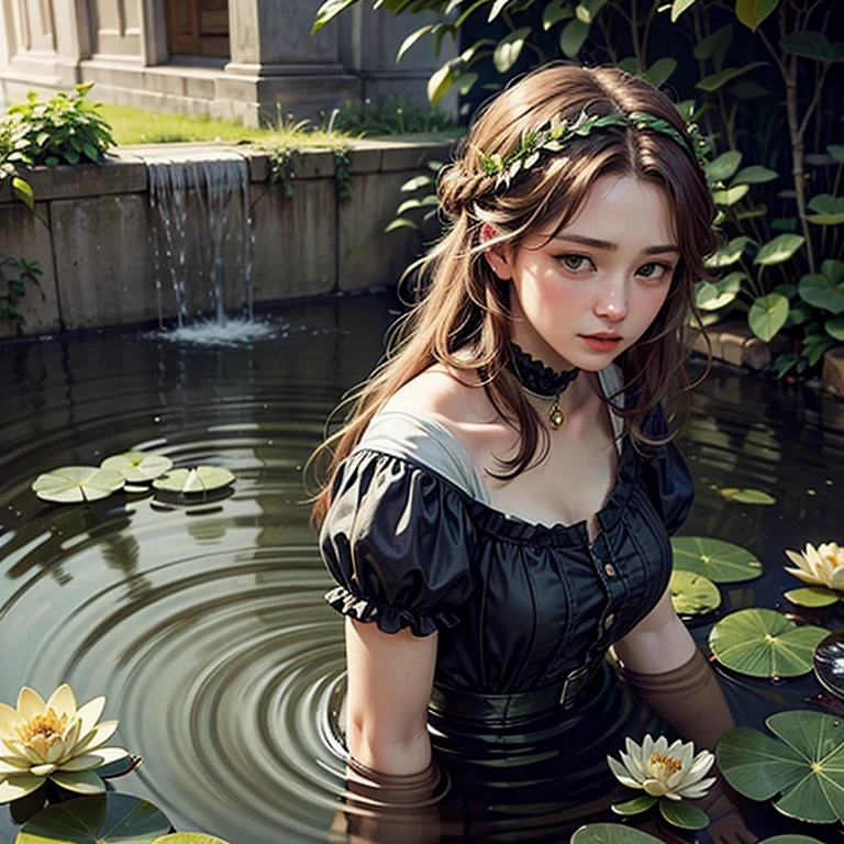 Beautiful girl floating on a river, long flowing hair, gentle expression, water lilies and flowers, lush green foliage, atmospheric lighting, classical painting style, muted color palette, cinematic composition, photorealistic, highly detailed BREAK (((Ophelia BY John Everett Millais )))