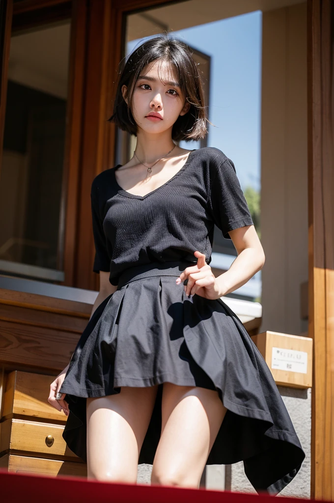 a beautiful girl, asian girl, (beautiful face:1.5), looking at viewer, (frown:1.5), (cry), (lift skirt by self, skirtlift), (white panties), good hands, good fingers, (ultra high res), (raw photo), sharp focus, (ultra-realistic photo), best quality, top quality