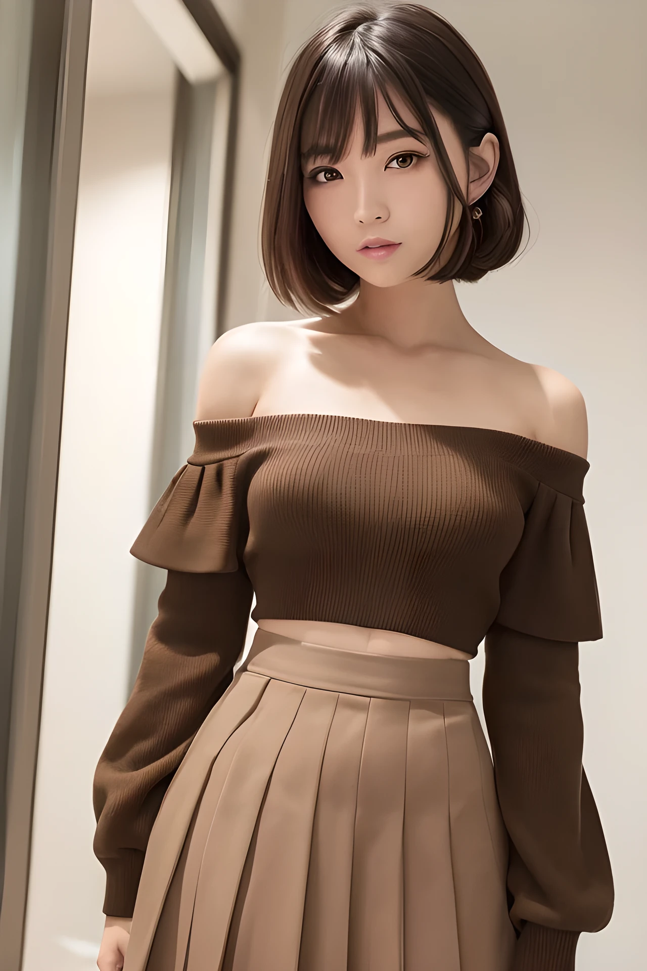 (masterpiece:1.3), (8K, Photorealistic, Raw photo, Best image quality: 1.4), solo, Japanese high school girl, (full body:1.2), front、(Random Hairstyles:1.2)、Super detailed face、Attention to detail、double eyelid、Sharp focus:1.2、Beautiful woman:1.4、Light brown hair、Highest quality、masterpiece、Ultra-high resolution、(Photorealistic:1.4)、Highly detailed and professionally lit smile、(Random Colored Off-shoulder top), Pleated skirt、thin、Serious expression、Short-haired, Art Museum