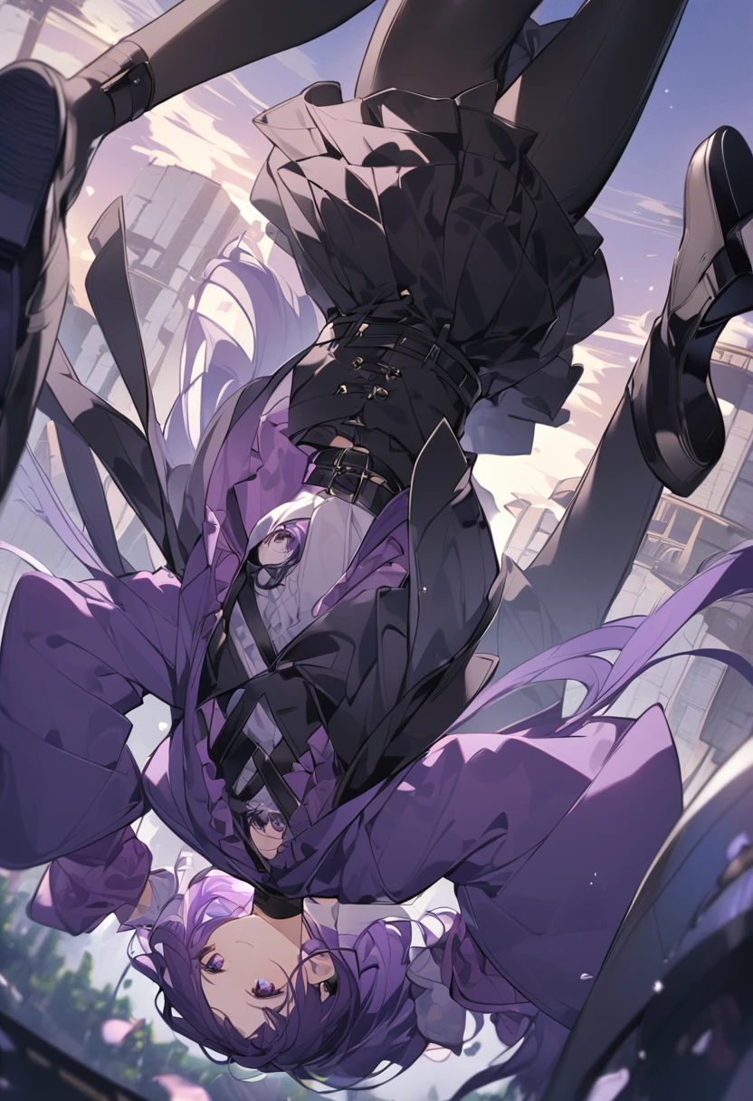 Keito。men and women。2 people。Purple hoodie。Black Skirt。The man wears black trousers。Purple Eyes。Purple Hair。Black shoes下。Black shoes。The man puts his head upside down