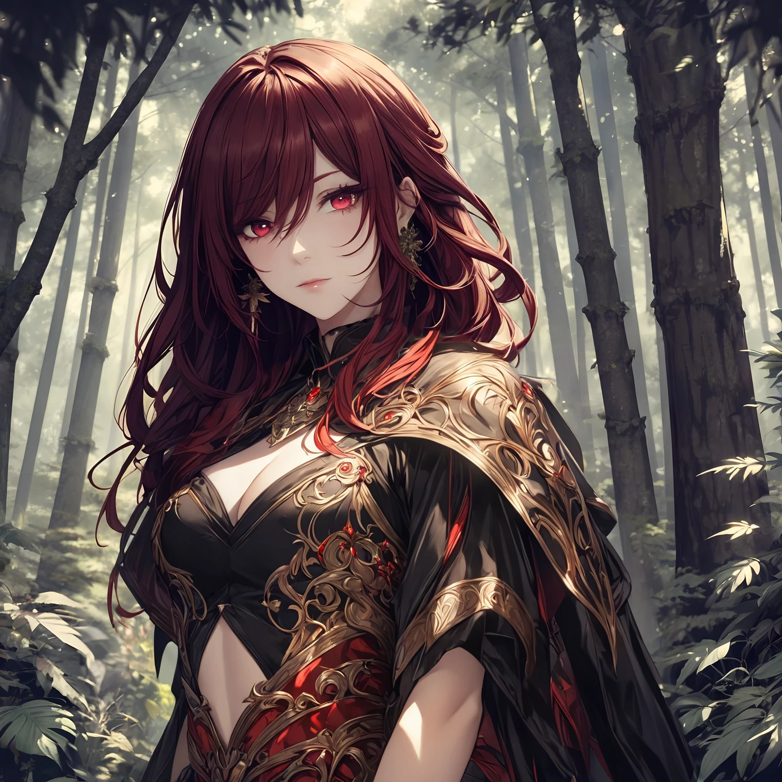 masterpiece, best quality, 1woman, adult, female focus, solo, red hair, vibrant red eyes, looking at viewer, closed mouth, Fantasy aesthetics, Highly detailed, shadowverse style, sorcerer