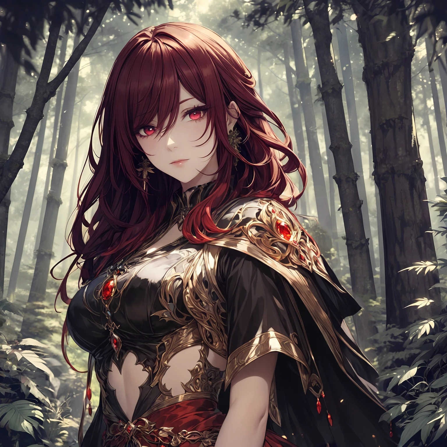 masterpiece, best quality, 1woman, adult, female focus, solo, red hair, vibrant red eyes, looking at viewer, closed mouth, Fantasy aesthetics, Highly detailed, shadowverse style, sorcerer