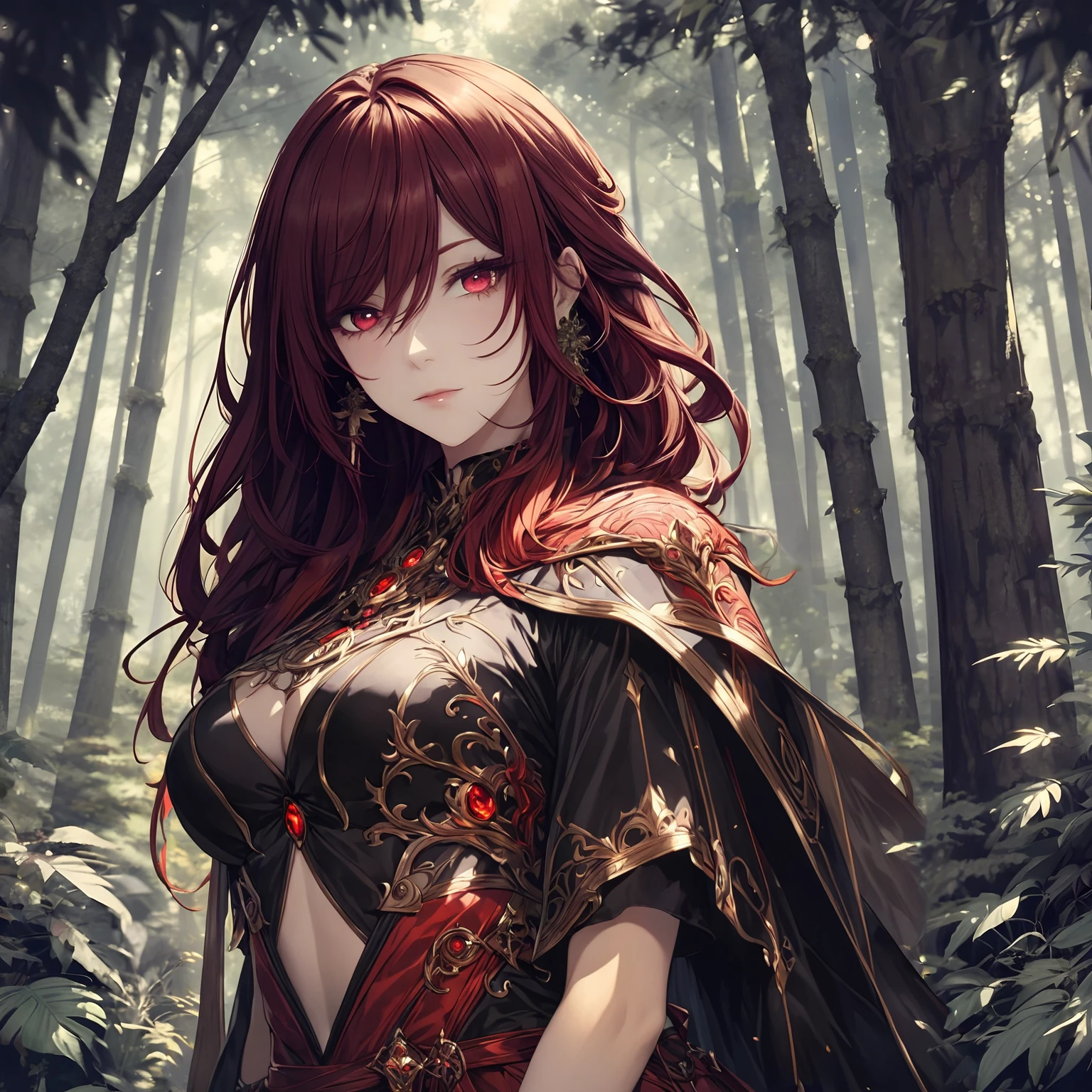 masterpiece, best quality, 1woman, adult, female focus, solo, red hair, vibrant red eyes, looking at viewer, closed mouth, Fantasy aesthetics, Highly detailed, shadowverse style, sorcerer