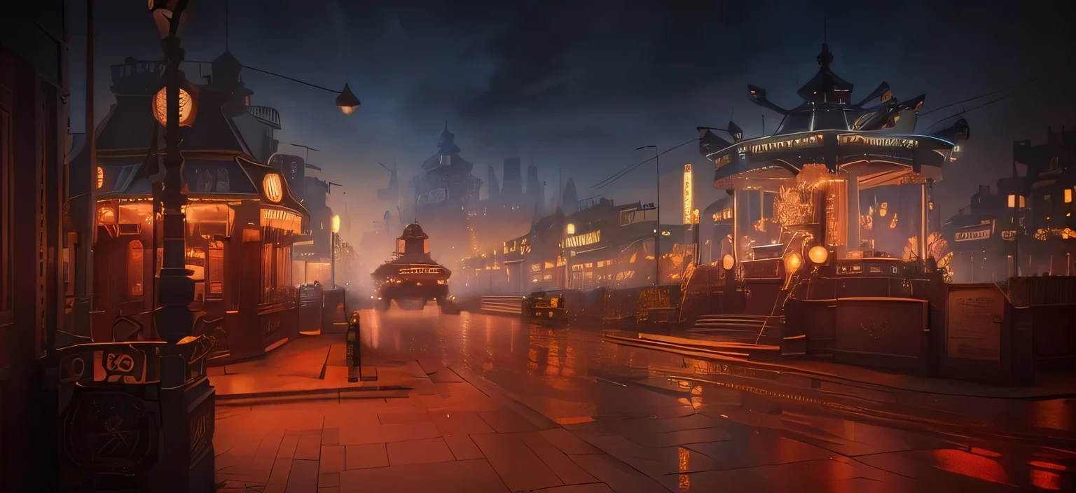 There is a photo of a carousel in the city at night, golden steampunk city atmosphere, Background artwork, Steampunk city background, Victoria Steampunk Cityscape, bioshockunlimited style, 《bioshock:unlimited》Art style, Town Background, victorian steampunk big city, Atmospheric Rendering, Victoria City, Steampunk cityscape, Background of Fuxing Port City, Level lens, British street background