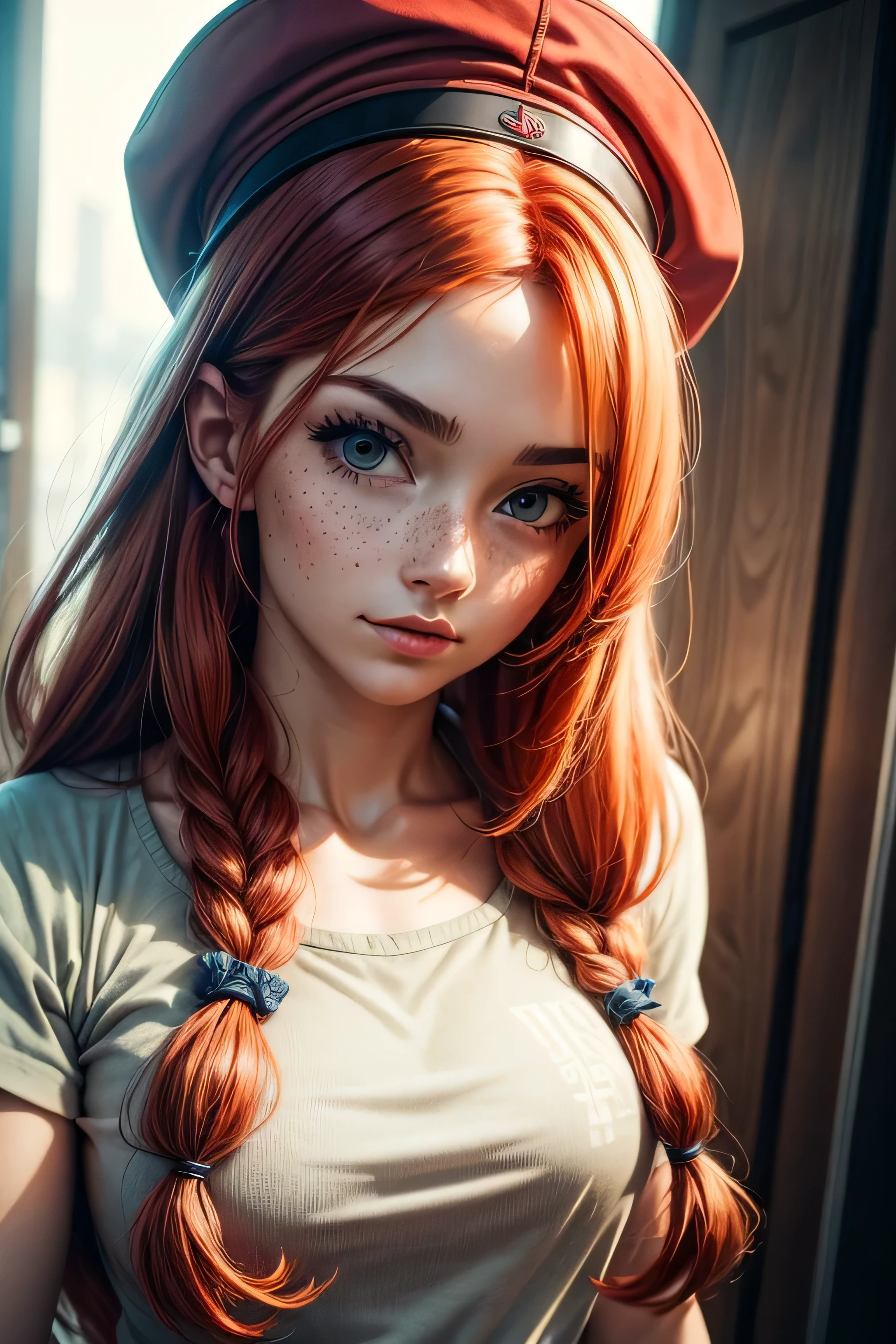 work of art, best qualityer, {best qualityer}, {{work of art}}, {high resolution}, focusing, anime styling, a close up of a cartoon woman, project , portraite, giesha, anime image, long hair, Red hair, redheadwear, straight eyes, Polished and powerful appearance, exotic, Cao Cao, freckles, happy, chic casual clothes, colorfully, colors  