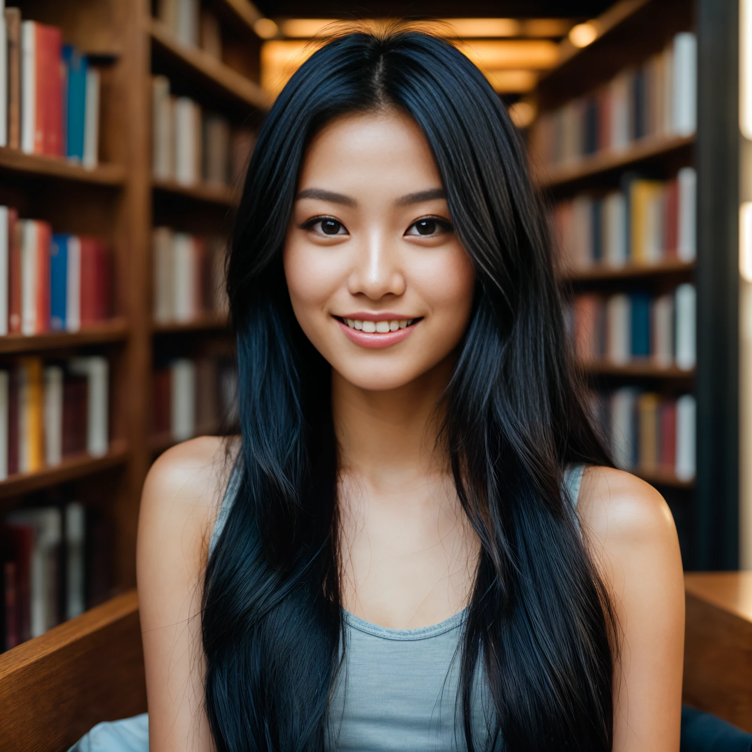 arafed woman with long black hair with blue high lights sitting in huge a library, flowing black hair, with black hair, photo of a beautiful woman, long flowing black hair, pink golden hour, curly black hair, beautiful young asian woman, beautiful asian woman, wild ginger hair, pink wispy hair, light pink hair, a young asian woman, an asian woman, infp young woman, (straight half of the torso: 1.4), Portrait photo of a 24-year-old french girl in RAW UHD format (Black-eyed woman) , Details (textures! , Hair! , glistering, Color!! , imperfections: 1.1), highly detailed glossy eyes (looking at the camera), DSLR Lighting, SLR camera, Ultra-Quality, sharpness, Depth of field, Film grain (Downtown), Fujifilm XT3, Crystal clear, Frame Center, beatiful face, sharp-focus, detailed skin pores, oilly skin, suntan, Complex eye details, ((smiling)), beautiful face