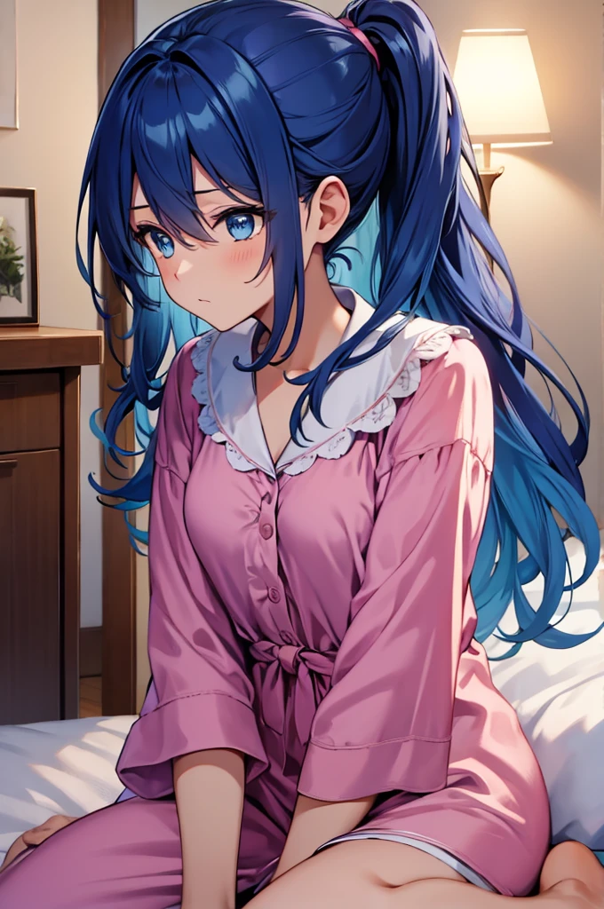 (masterpiece:1.3), (best quality:1.1), (8k, ultra detailed, ultra high res:1.2), (anime style:1.2), perfect 5 fingers, perfect anatomy, 
1girl,
BREAK long hair, blue hair, blue eyes, 
[medium breasts], 
BREAK Satin Nightgown, pink pajamas, 
(sleepy:1.1), 
BREAK upper body, indoors, inside, on a bed, wariza, (at night:1.2), 