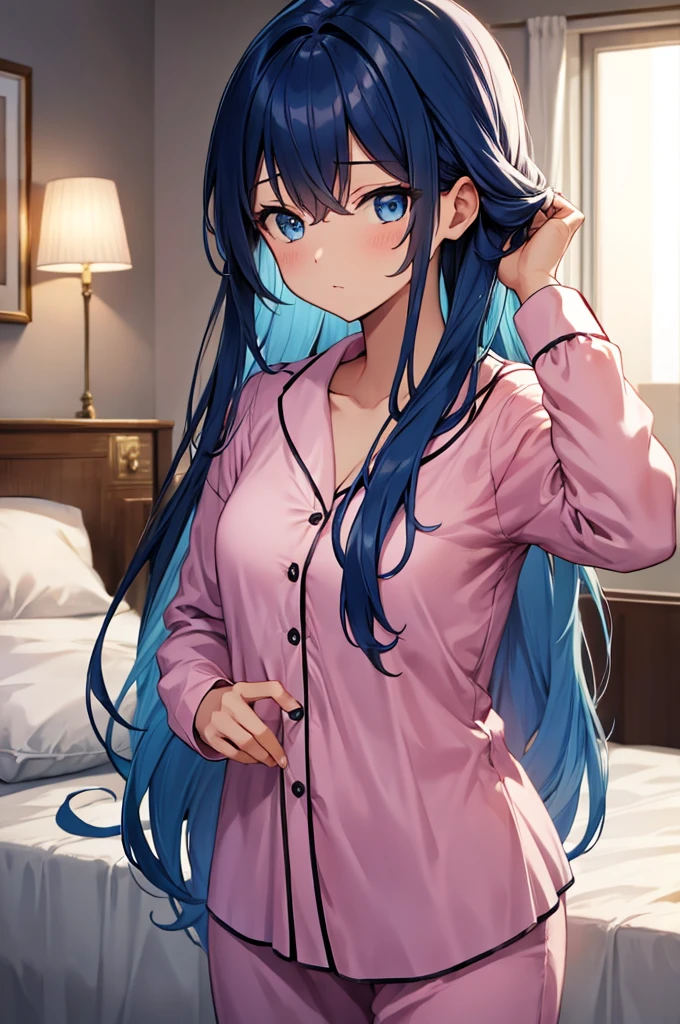 (masterpiece:1.3), (best quality:1.1), (8k, ultra detailed, ultra high res:1.2), (anime style:1.2), perfect 5 fingers, perfect anatomy, 
1girl,
BREAK long hair, blue hair, blue eyes, 
[medium breasts], 
BREAK Satin Nightgown, pink pajamas, 
(sleepy:1.1), 
BREAK upper body, indoors, inside, on a bed, wariza, (at night:1.2), 