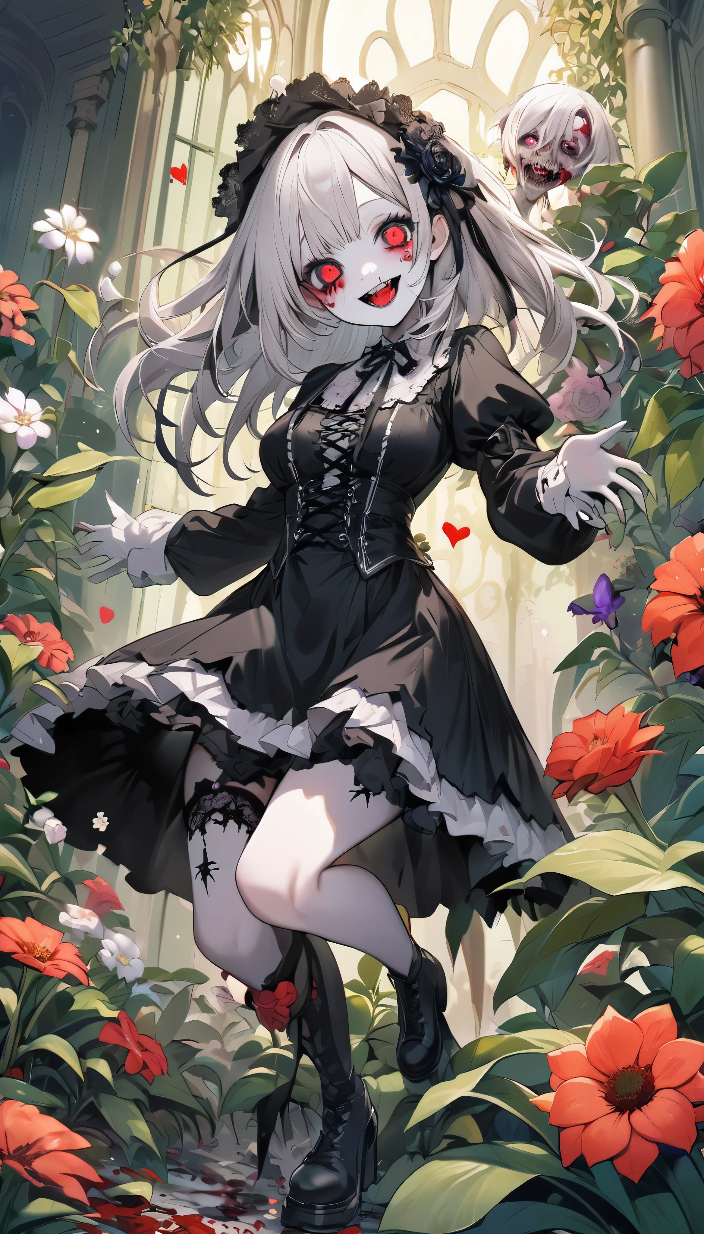 Zombie girl trampling beautiful flowers, Very cute zombie, Cute heart eyes, BREAK Crushing the flowers with a crazy smile, An aesthetic fusion of gothic horror and transparent science, BREAK Thoroughly trampling the plants, Attacking plants without hatred, The pleasure of trampling plants,