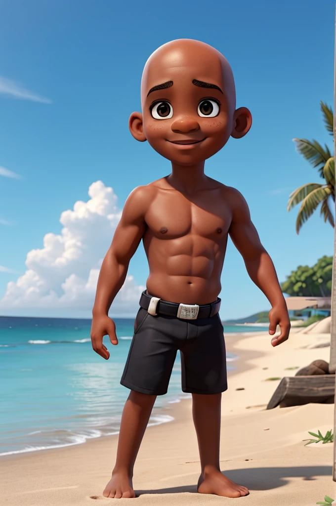 4k, full hd, 8  black boy, bald, on the beach, muscular