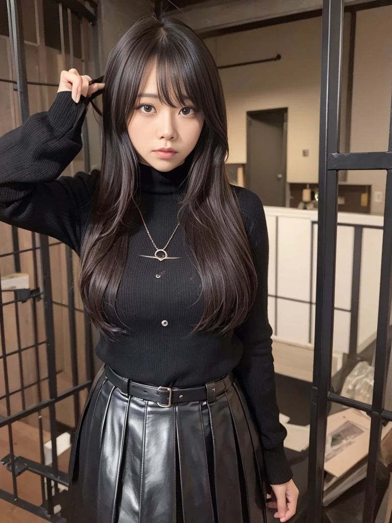 Iron cageの中から女性を見ている画像、Leather skirt、dark部屋、(((Iron cage)))((dark))Fisheye Lenultiple women、Woman's thighs