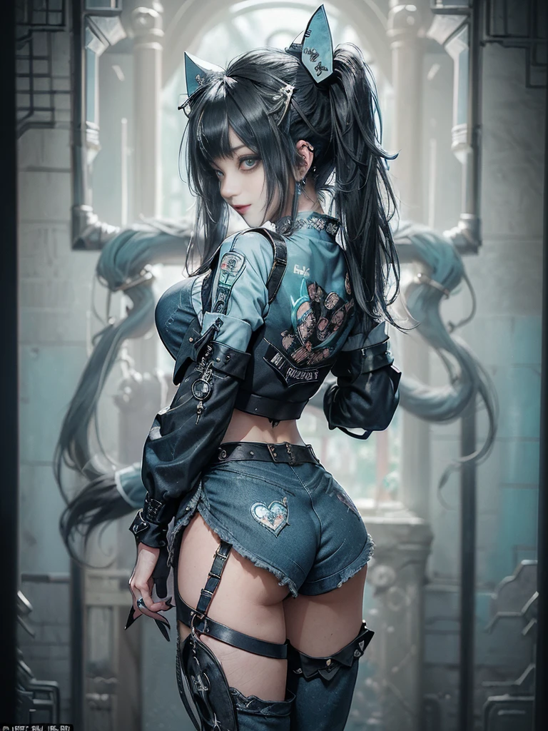 (Full body view:1.4)、(Full Body View:1.4)、(Back view:1.4)、(Smiling with teeth showing:1.3),(Shibuya Gal:1.5)、(Maid café clerk:1.5)、(Punk RockVisual Kei:1.4)、(Turquoise, navy and denim medieval noble zip up:1.5)、(Navy and white arm covers and bugle pants:1.5)、(Blue high heels:1.3)、(Wearing silver accessories:1.5)、(Dark brown collar:1.4)、(Leather garter belt:1.4)、(Brown Skin Belt:1.3)、(Black lace underwear:1.5)、20-year-old、NSFW、((Highest quality、In 8K、masterpiece:1.3))、Sharp focus:1.2、(Layered Cut、Huge boobs:1.1),Beautiful woman with perfect figure:1.4、(Doing an aerobics pose:1.3)、Slender Abs:1.2、Highly detailed face and skin texture、Detailed eyes、double eyelid,(Twin tails:1.3)、(Black Hair:1.3)、Gravure idol、(A fairytale-like cafe with a lush tree background:1.3)、(Slim body:1.3),(Make your legs thinner:1.4),(Thin, thin thighs:1.3)、（clavicle:1.1）