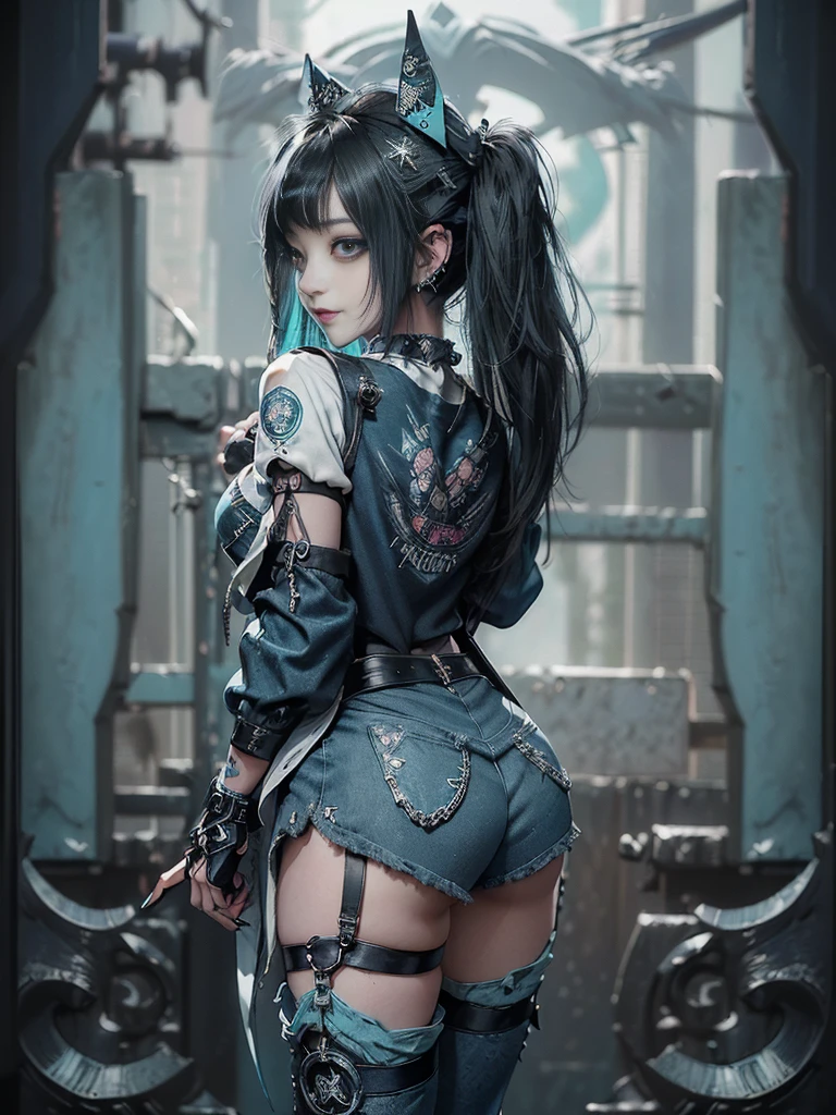 (Full body view:1.4)、(Full Body View:1.4)、(Back view:1.4)、(Smiling with teeth showing:1.3),(Shibuya Gal:1.5)、(Maid café clerk:1.5)、(Punk RockVisual Kei:1.4)、(Turquoise, navy and denim medieval noble zip up:1.5)、(Navy and white arm covers and bugle pants:1.5)、(Blue high heels:1.3)、(Wearing silver accessories:1.5)、(Dark brown collar:1.4)、(Leather garter belt:1.4)、(Brown Skin Belt:1.3)、(Black lace underwear:1.5)、20-year-old、NSFW、((Highest quality、In 8K、masterpiece:1.3))、Sharp focus:1.2、(Layered Cut、Huge boobs:1.1),Beautiful woman with perfect figure:1.4、(Doing an aerobics pose:1.3)、Slender Abs:1.2、Highly detailed face and skin texture、Detailed eyes、double eyelid,(Twin tails:1.3)、(Black Hair:1.3)、Gravure idol、(A fairytale-like cafe with a lush tree background:1.3)、(Slim body:1.3),(Make your legs thinner:1.4),(Thin, thin thighs:1.3)、(clavicle:1.1)