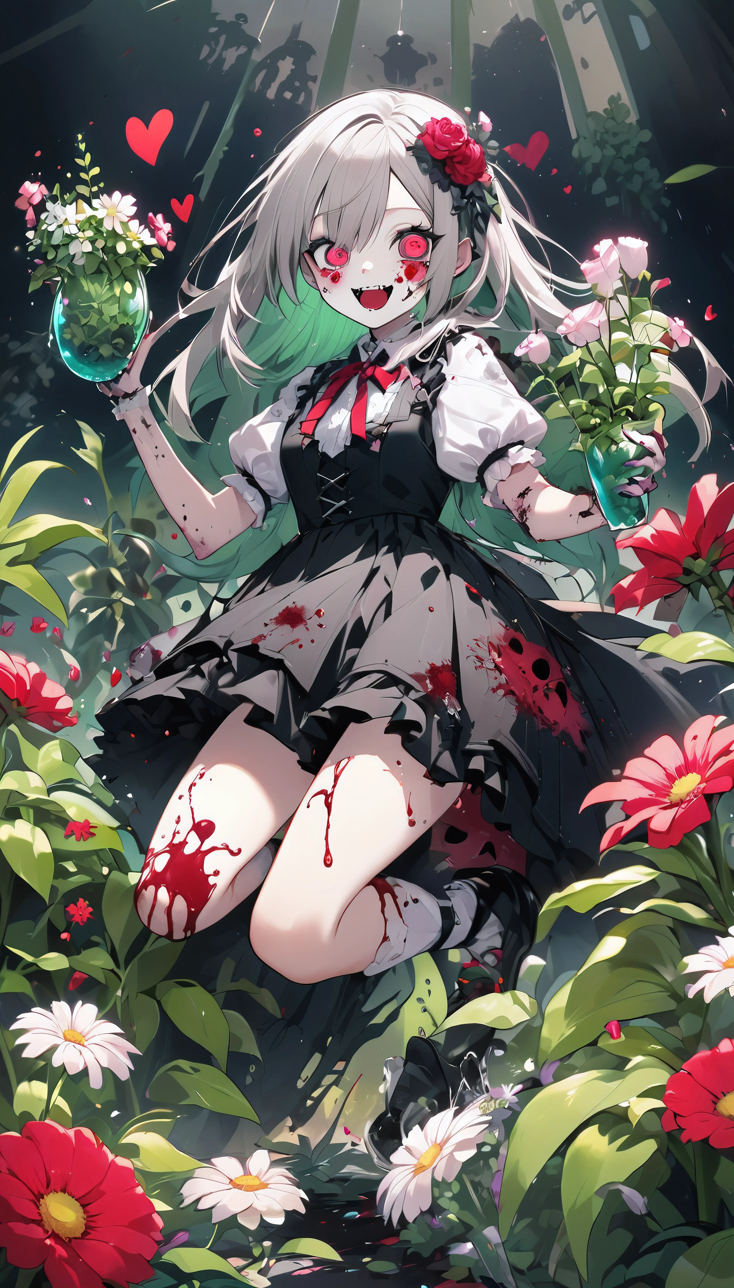 A zombie girl crushes beautiful flowers with her feet, Very cute zombie, Plants splattering like liquid at your feet, A dynamic movement of kicking plants, Cute heart eyes, BREAK Crushing the flowers with a crazy smile, An aesthetic fusion of gothic horror and transparent science, BREAK: Crush the plants completely, Attacking plants without hatred, The pleasure of crushing plants with your feet,