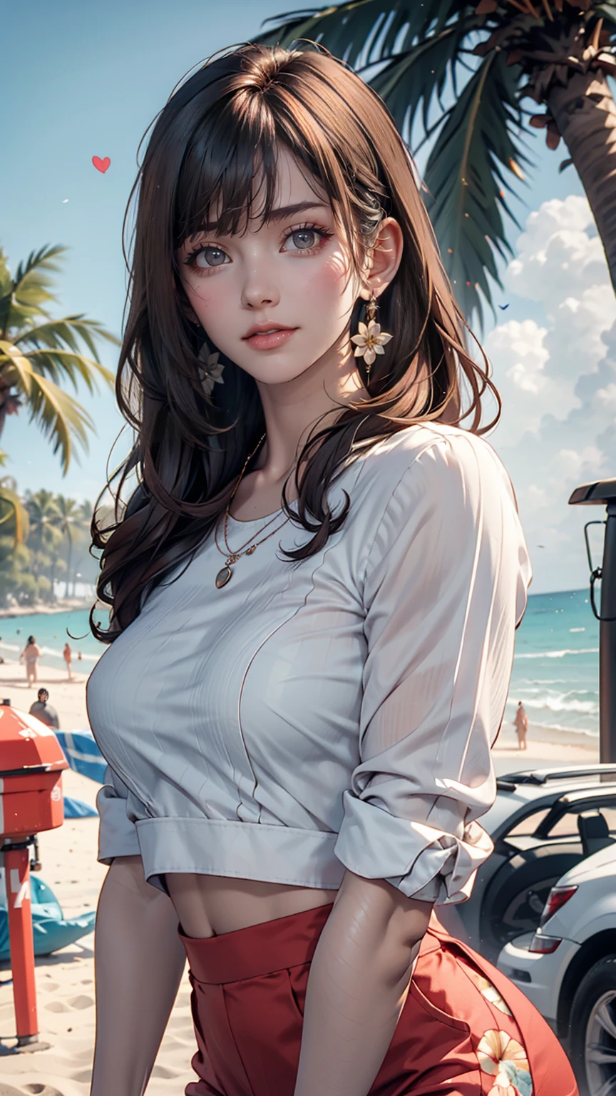 alone, whole body,Earrings, eyelash, pantyhose,, (Beach,(Palm tree),crowd,(White shirt), Floral print,Red lips),Sexy and provocative smile,, (Shiny skin:1.05),(blush:0.9),(Skin dents:1.15),Realistic, masterpiece, Highest quality, High resolution,Absurd, (Perfect Face:1.1), (Sharp focus:1.1),, Trending on artstation, Trending on CGSociety, Complex, Attention to detail, Sharp focus, dramatic,