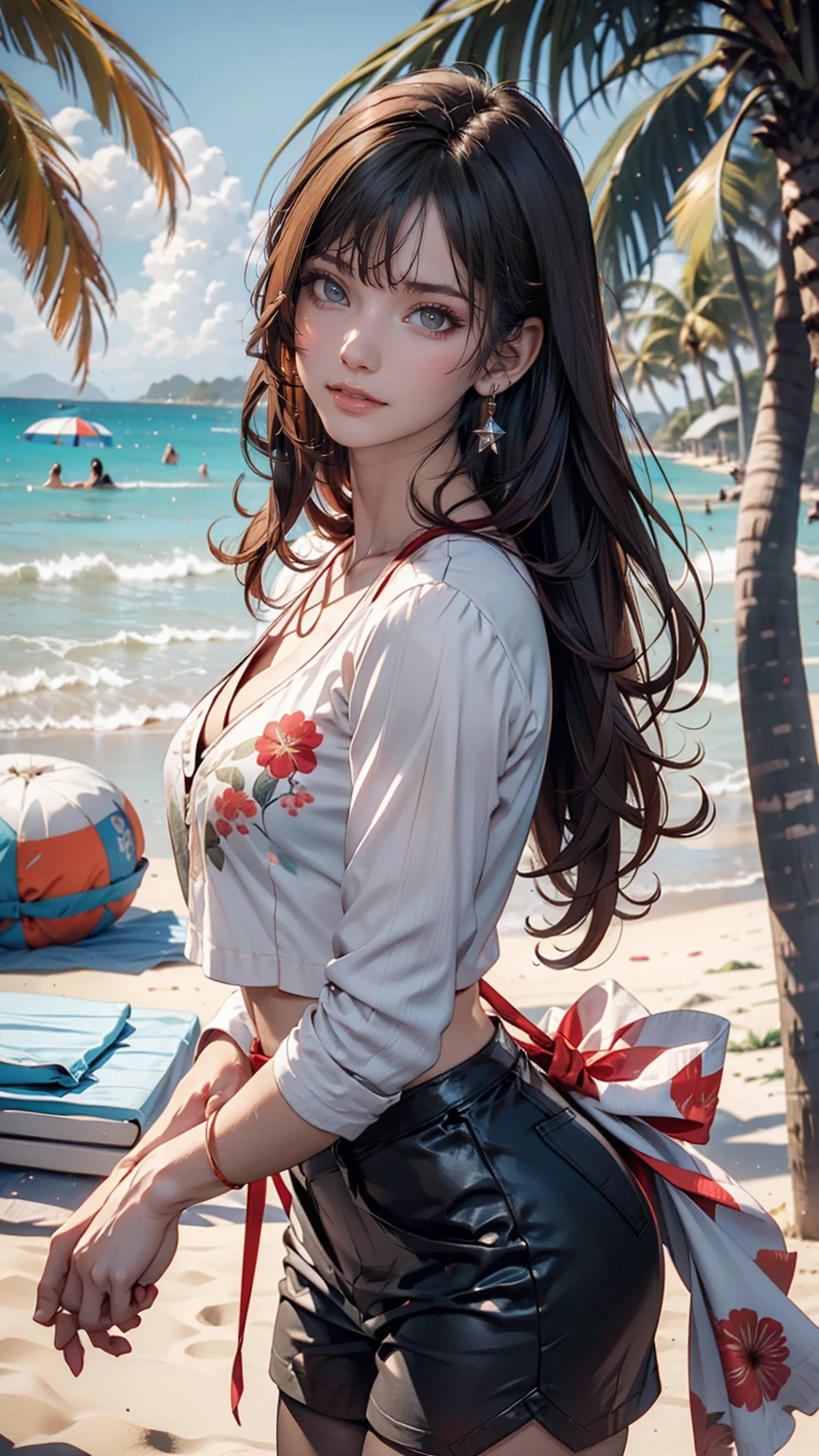 alone, whole body,Earrings, eyelash, pantyhose,, (Beach,(Palm tree),crowd,(White shirt), Floral print,Red lips),Sexy and provocative smile,, (Shiny skin:1.05),(blush:0.9),(Skin dents:1.15),Realistic, masterpiece, Highest quality, High resolution,Absurd, (Perfect Face:1.1), (Sharp focus:1.1),, Trending on artstation, Trending on CGSociety, Complex, Attention to detail, Sharp focus, dramatic,