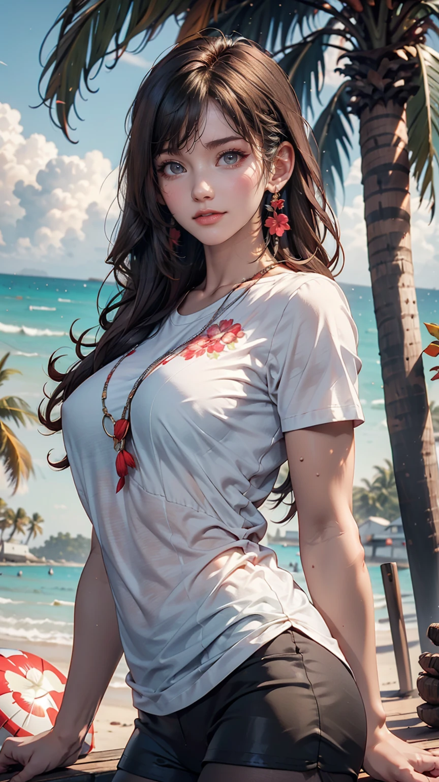 alone, whole body,Earrings, eyelash, pantyhose,, (Beach,(Palm tree),crowd,(White shirt), Floral print,Red lips),Sexy and provocative smile,, (Shiny skin:1.05),(blush:0.9),(Skin dents:1.15),Realistic, masterpiece, Highest quality, High resolution,Absurd, (Perfect Face:1.1), (Sharp focus:1.1),, Trending on artstation, Trending on CGSociety, Complex, Attention to detail, Sharp focus, dramatic,