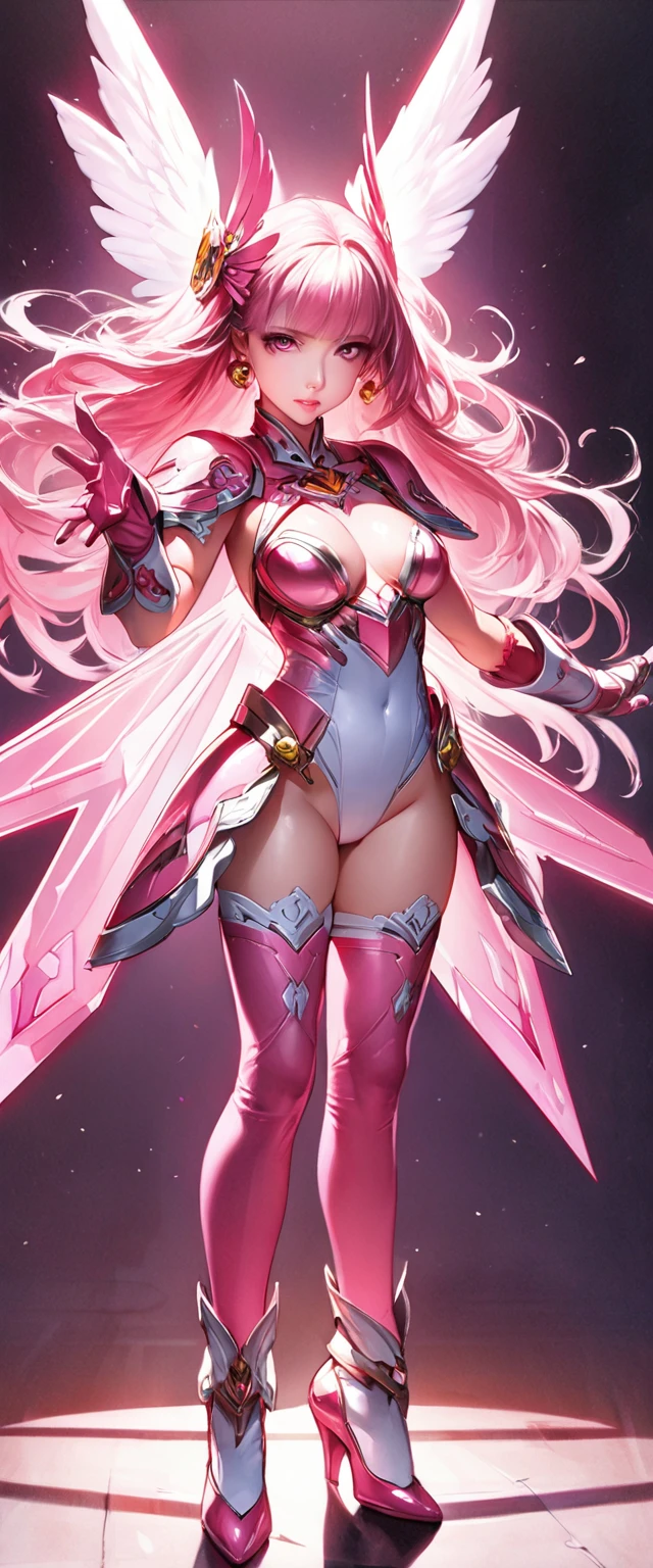 (Perfect Anatomy)、Mastepiece、Ultra High Quality、 8K、masterpiece、Highest quality、Ultra-high resolution、Maximum resolution、Very detailed、Professional Lighting、anime、woman、thin、so beautiful、Highly detailed eye、Highly detailed face、Golden earrings、Pink Hair,、Pink eyes、Mid-chest, pink lips, upper arm pink armor, white leotard, pink pattern, full body, magical girl, Angel Girl, Are standing, pink thigh high stockings, white super long boots, pink gauntlet, high heels, hime cut, bridal hair accessory, Summoning a magic sword, pigeon toed, madeon, Biopunk, Creating wind with wings, Forming a magical shield