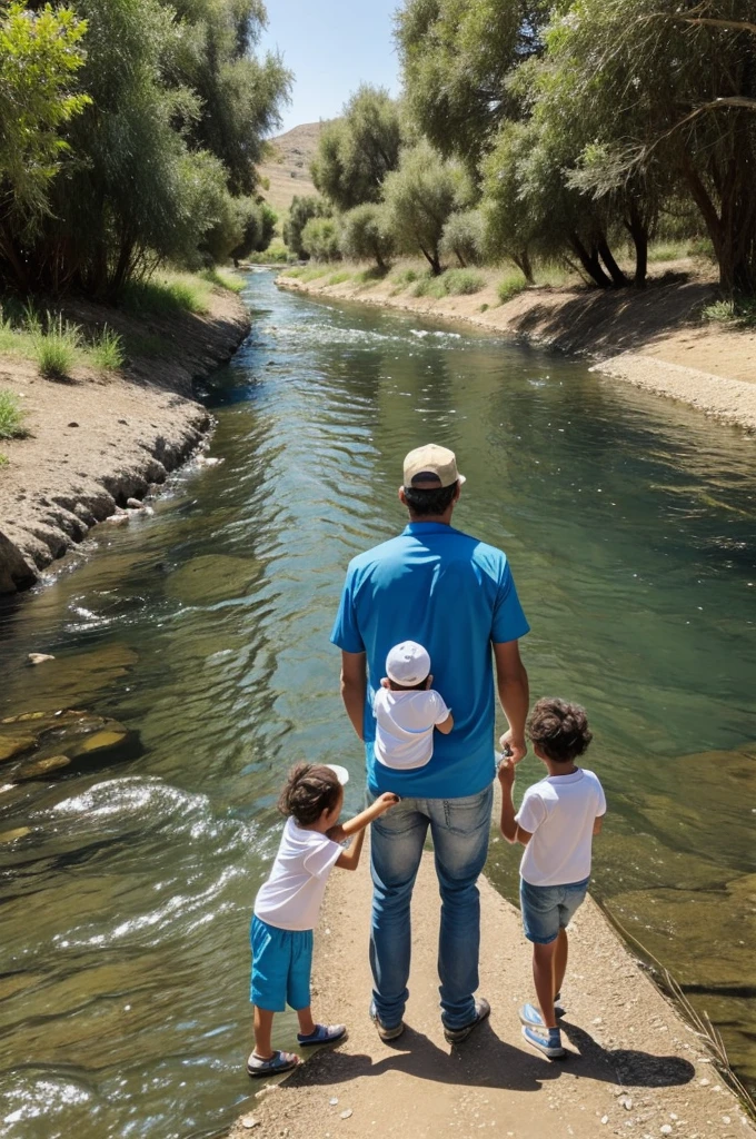 A family fishing in a river or very beautiful like the Jordan River cute beautiful family with blue eyes