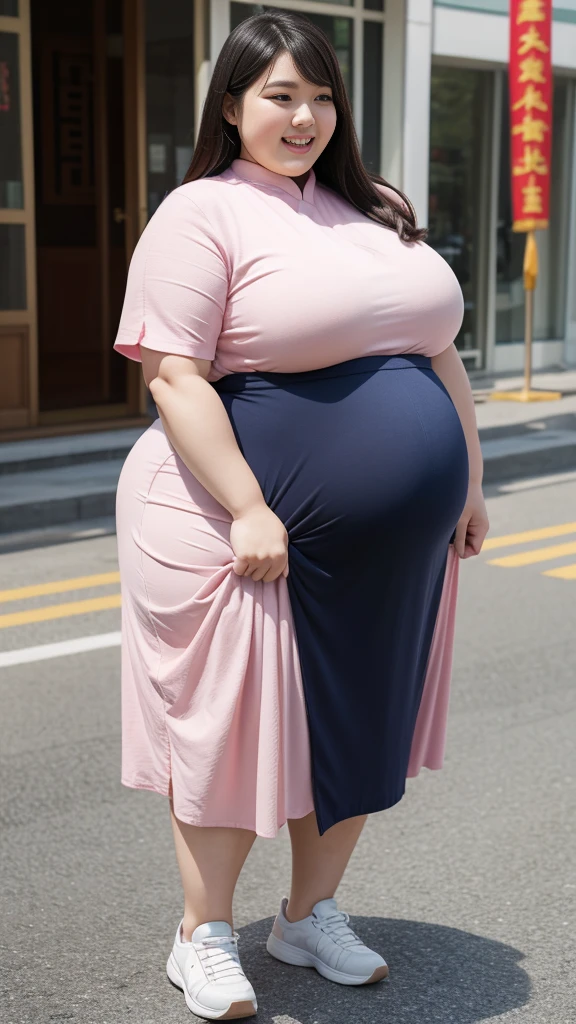 realistic depiction、super obeseのchinese woman、super obese、super big breasts、Weight 350kg、very fat woman、super big belly、chinese woman、laughter、Tight Skirt、outdoor、a bit、little woman、His height is only 145cm、short legs