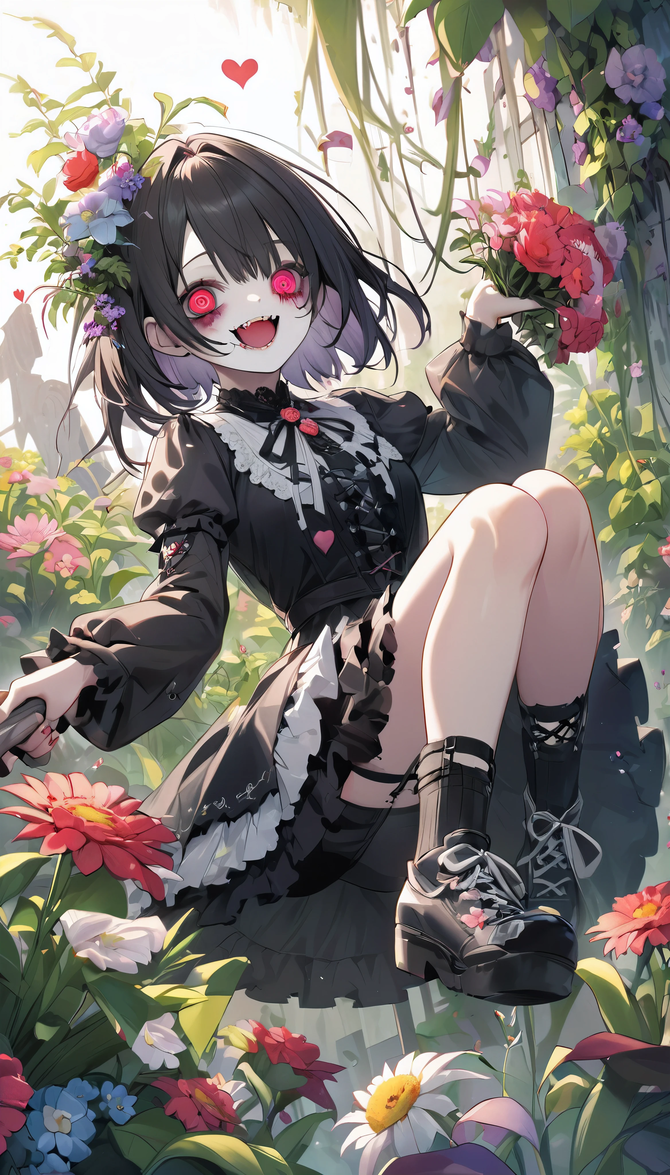 A zombie girl crushes beautiful flowers with her feet, Very cute zombie, A dynamic movement of kicking plants, Cute heart eyes, BREAK Crushing the flowers with a crazy smile, An aesthetic fusion of gothic horror and transparent science, BREAK: Crush the plants completely, Attacking plants without hatred, The pleasure of crushing plants with your feet,
