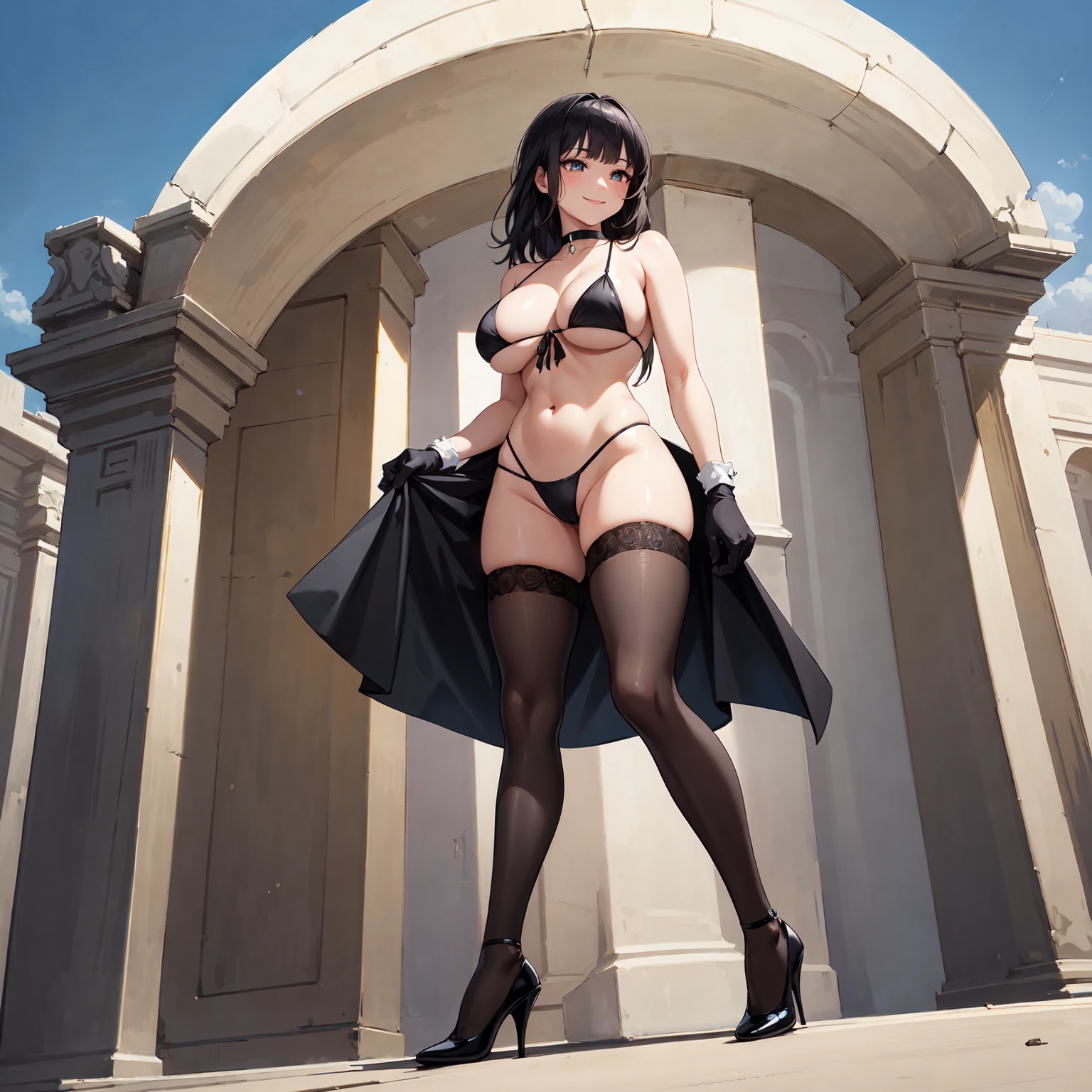 (Best Quality,incomparable masterpiece:1.4),CG 4k ultradetallado,4k,Masterpiece,Best Quality, high resolution, Best Quality, high resolution, (huge breasts:1.2), sky, from below, 1 girl, kasumi, detailed face, detailed eyes, black hair, black micro bikini, black wrist gloves, black choker, (looking away), lustful smile, whole body, black thigh high stockings, black high heels.