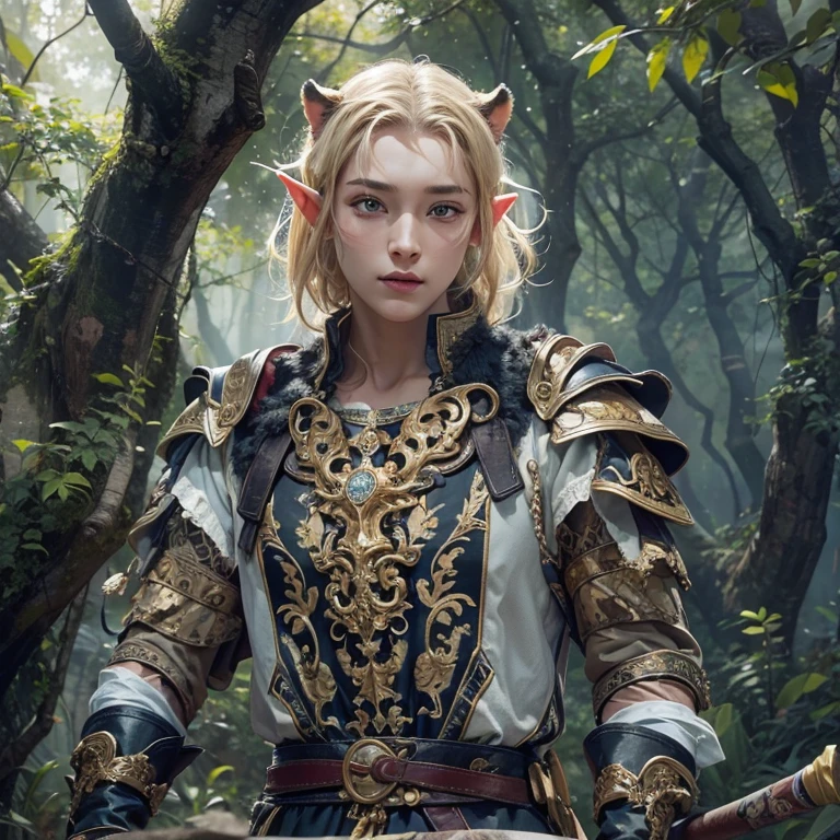 Hair flow、 ((Highest quality、masterpiece、8K、Best image quality、Ultra-high resolution、Award-winning works)、(Accurate anatomy:1.1)、(Look at me and smile:1.1)、Shining fair skin with Ultra-high resolution、The most detailed face、Ultra-high resolution detailed face、Ultra-high resolutionのblond hair、(Ultra-high resolution eye:1.1)、Beautiful face drawn in every detail、Georgian traditional costume , Chest to chest, Strange atmosphere, Next to him stands a real sabre-toothed tiger, Dark Light, in the forest , Heavy makeup、Elf Ears、