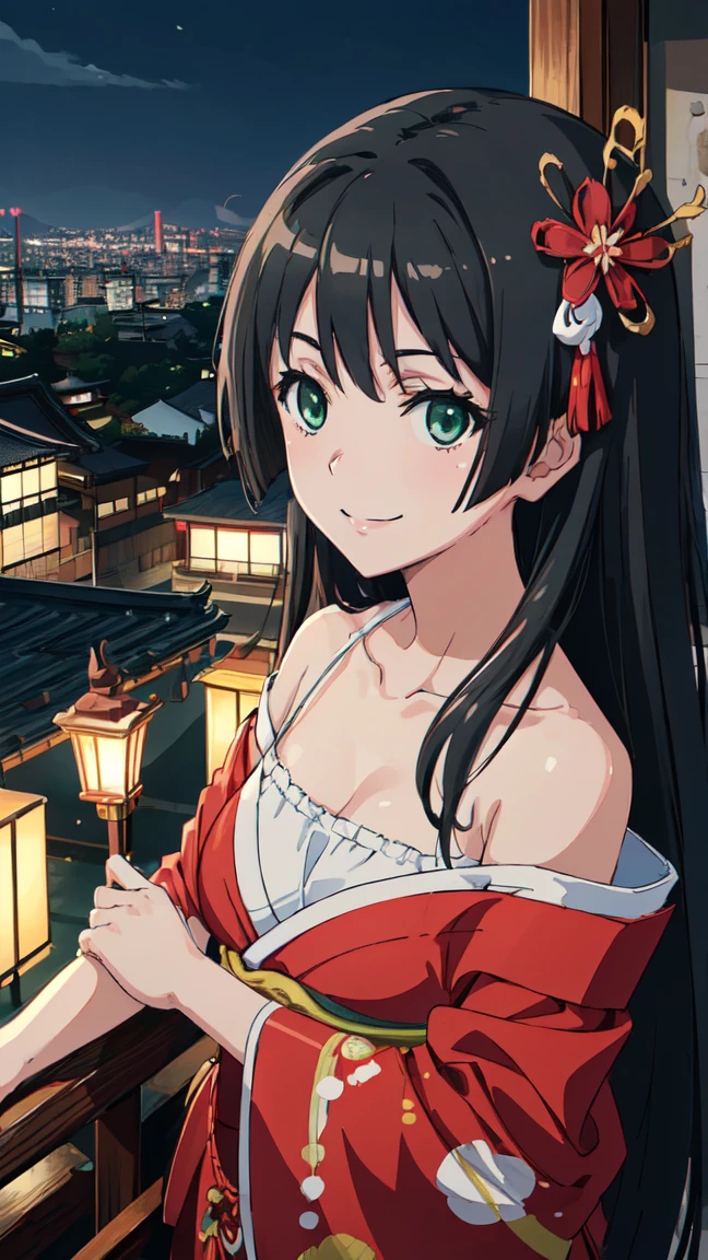 (High resolution:1.4), (masutepiece:1.2), (High quality:1.3) 1girl, saten ruiko, green eyes, long hair, black hair, small breast, Oiran fashion, The city of Kyoto, cinematic lighting, pov, dynamic angle, off shoulder, smile,