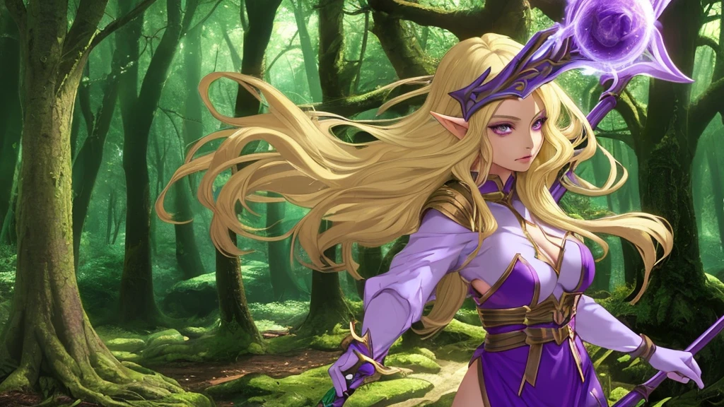 Elf Woman, Blonde hair, 26 years old, purple eyes, simple staff, Forest Settings, Radiates immense magical power