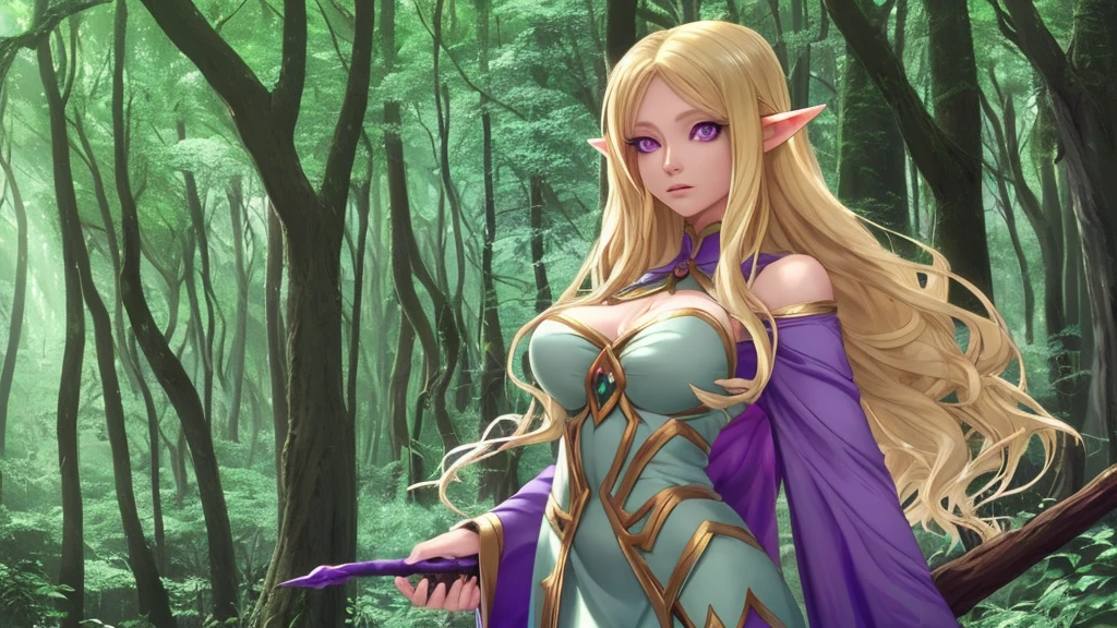 Elf Woman, Blonde hair, 26 years old, purple eyes, simple staff, Forest Settings, Radiates immense magical power