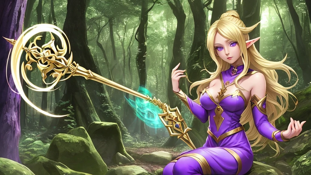 Elf Woman, Blonde hair, 26 years old, purple eyes, simple staff, Forest Settings, Radiates immense magical power