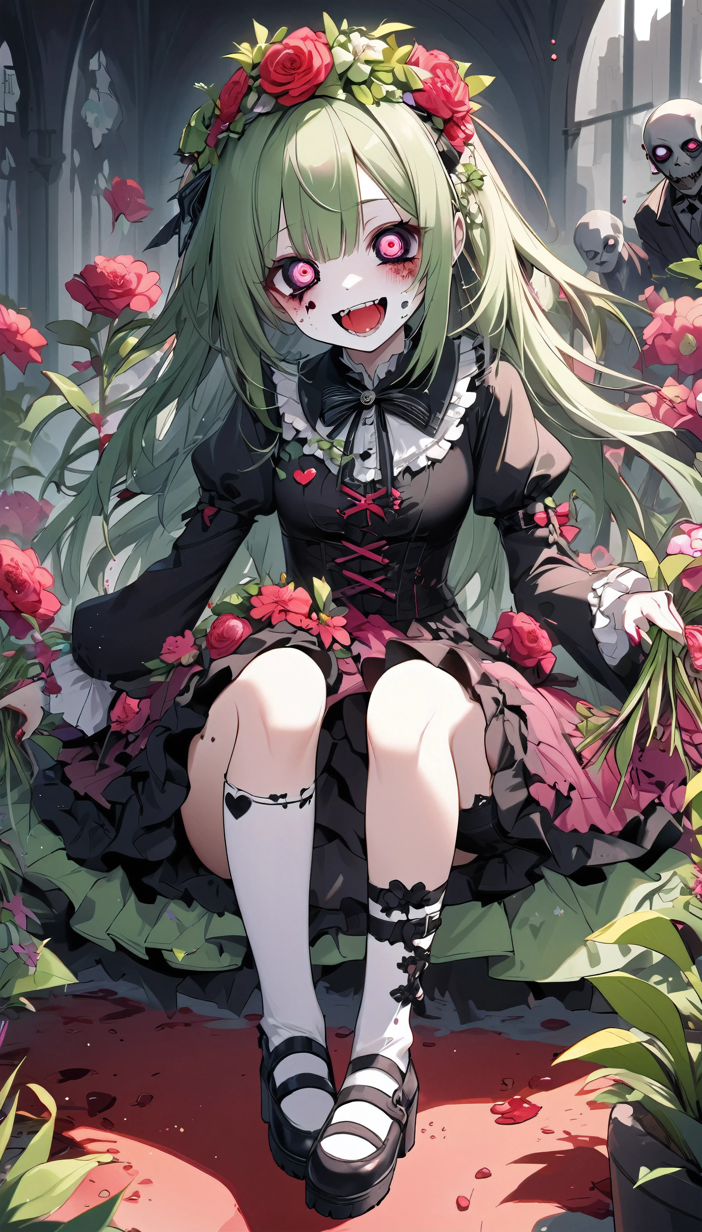 A zombie girl crushes beautiful flowers with her feet, Very cute zombie, Cute heart eyes, BREAK Crushing the flowers with a crazy smile, An aesthetic fusion of gothic horror and transparent science, BREAK: Crush the plants completely, Attacking plants without hatred, The pleasure of crushing plants, 