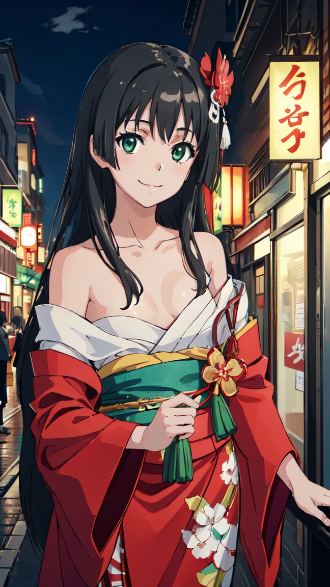  (High resolution:1.4), (masutepiece:1.2), (High quality:1.3) 1girl, saten ruiko, green eyes, long hair, black hair, small breast, Oiran fashion, The city of Kyoto, cinematic lighting,  pov, dynamic angle, nsfw